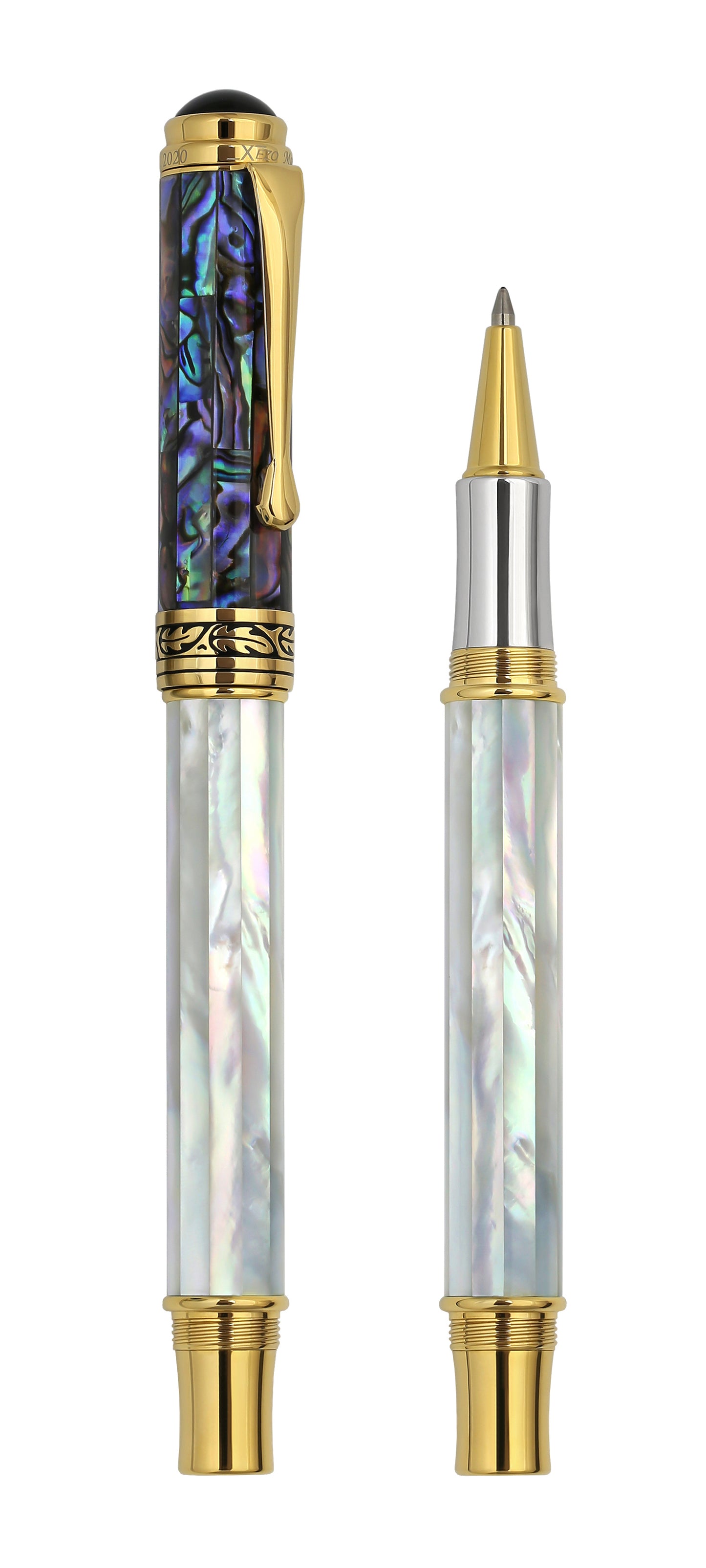 Xezo - Vertical view of two Maestro MOP Sea Shell R Rollerball pens; the one on the left is capped, and the one on the right is uncapped