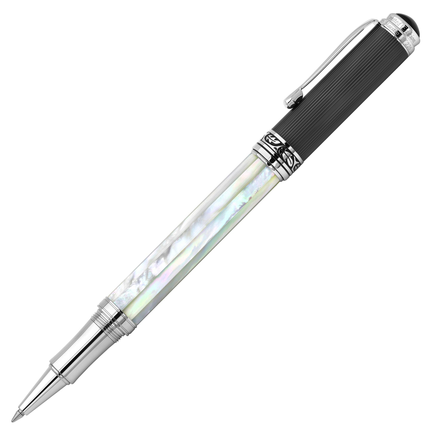 Angled side view of the Maestro White MOP PVD R rollerball pen, with the cap posted on the end of the barrel