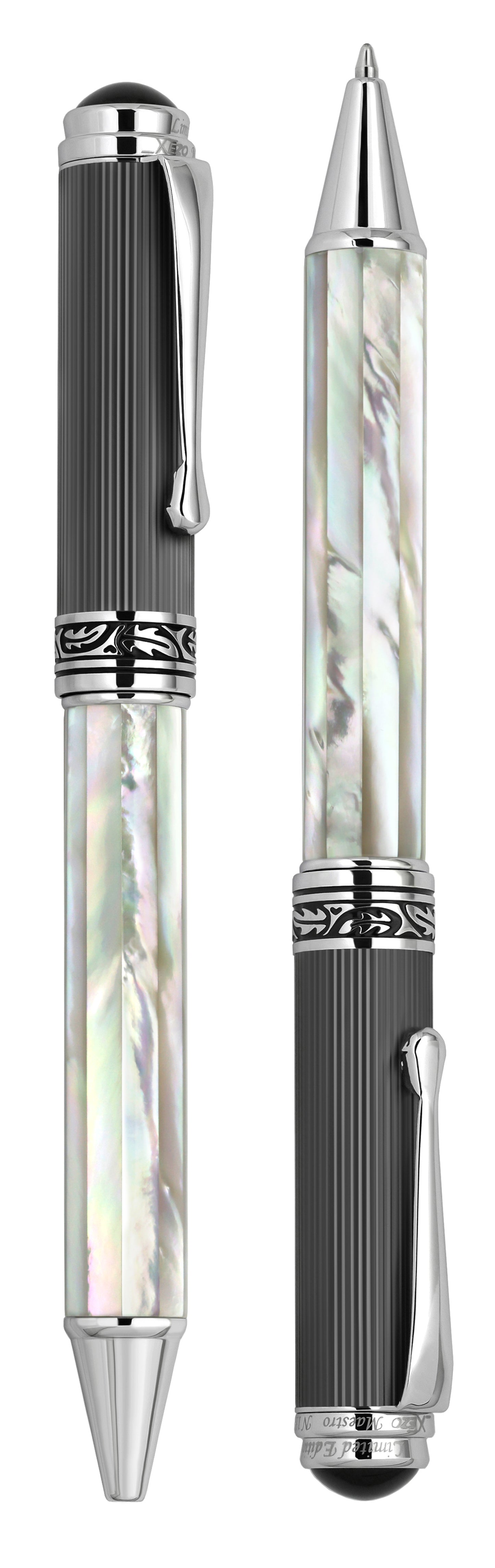 Vertical view of two Maestro White MOP PVD B ballpoint pens; the one on the left has the point in, and the one on the right has the point out