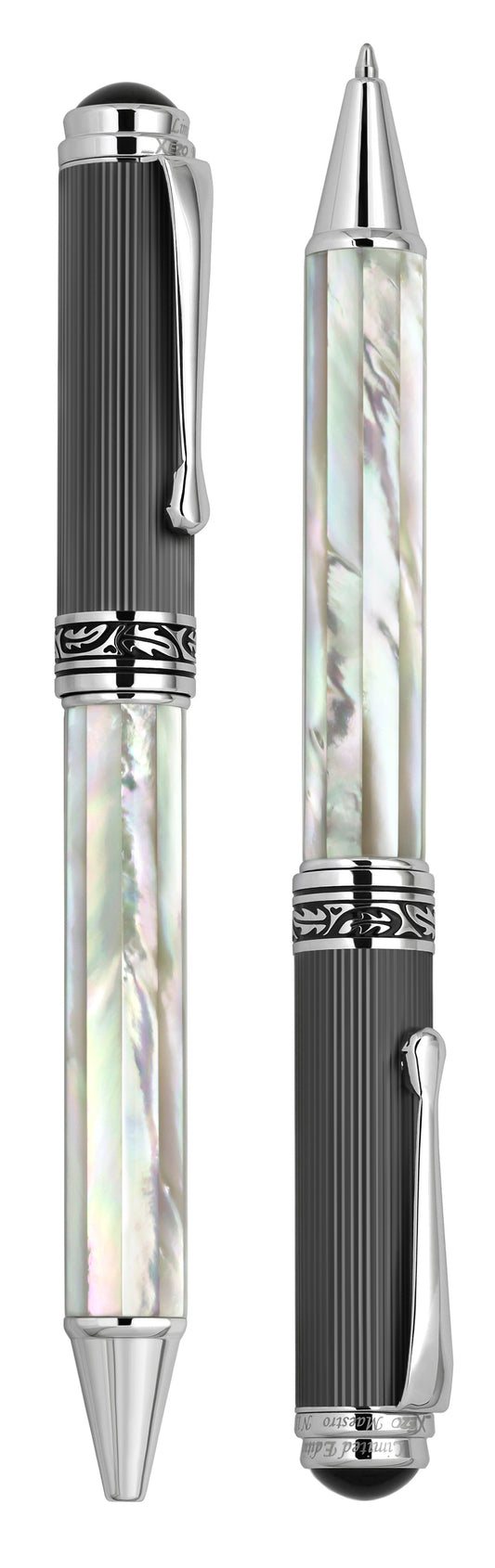 Vertical view of two Maestro White MOP PVD B ballpoint pens; the one on the left has the point in, and the one on the right has the point out