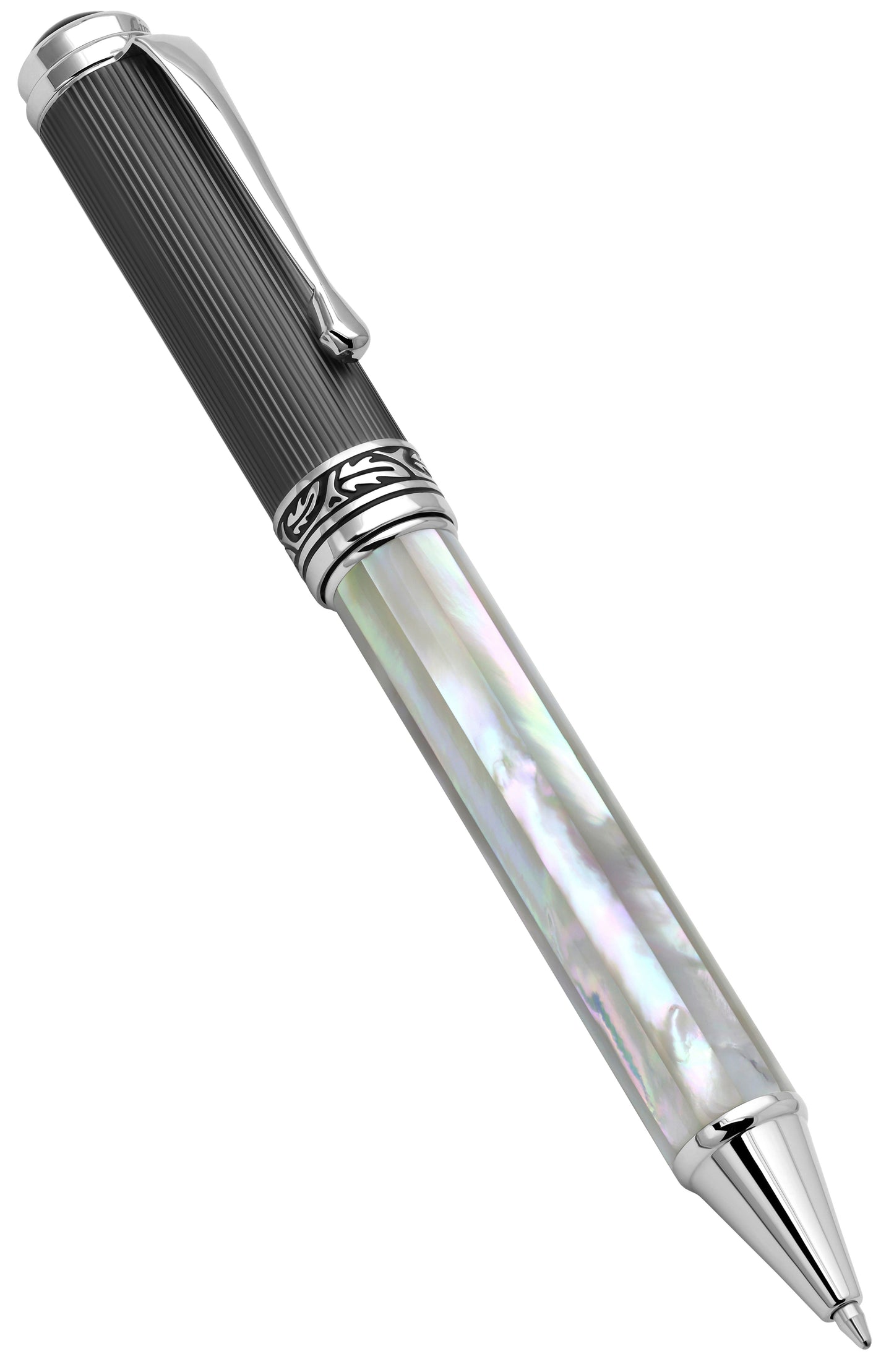 Angled 3D view of the front of the Maestro White MOP PVD B ballpoint pen