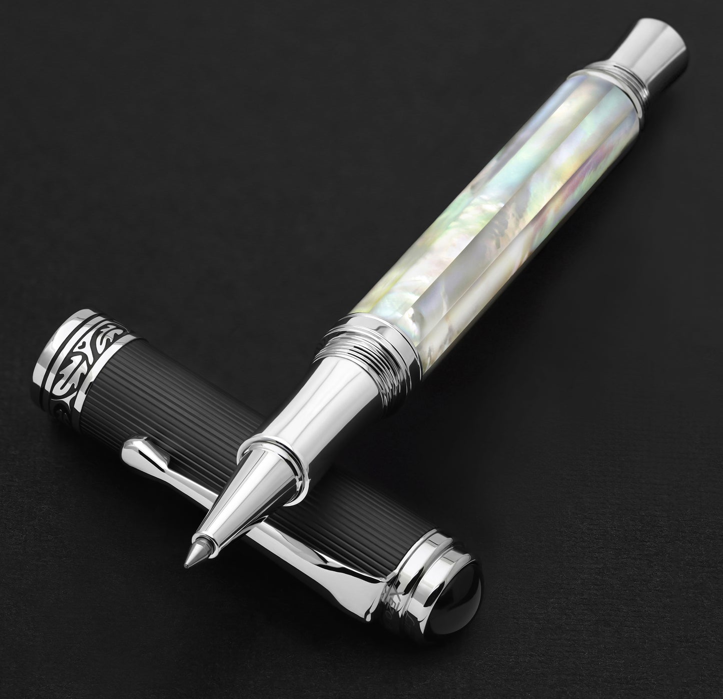 Maestro White MOP PVD R rollerball pen resting on its cap