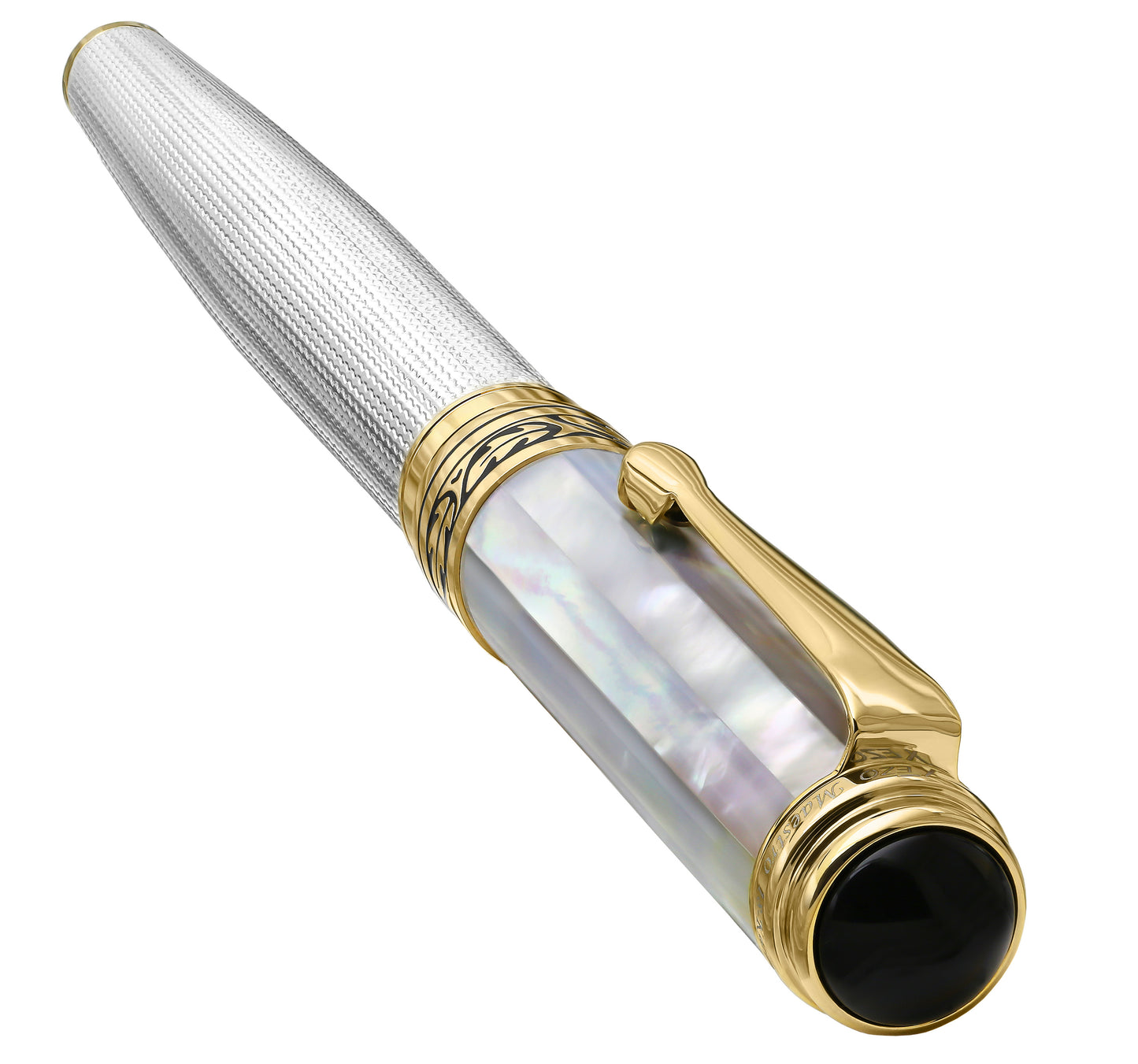 Xezo - Angled 3D view of the front of the Maestro 925 White MOP FM Fountain pen