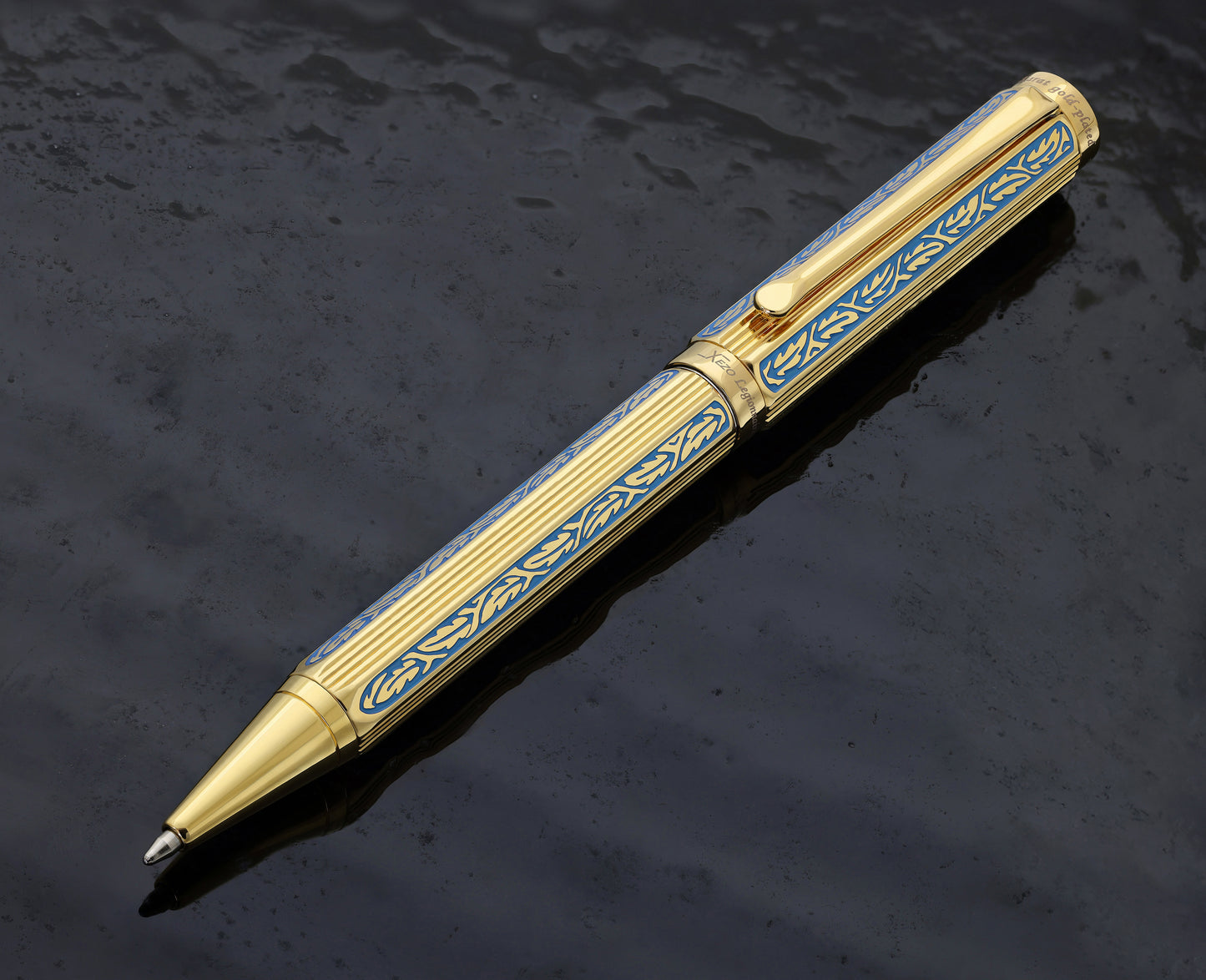 Legionnaire Diamond-Cut Twist-Action Ballpoint Pen – 18K Gold-Layered, Hand-Etched Egyptian Blue Lacquer