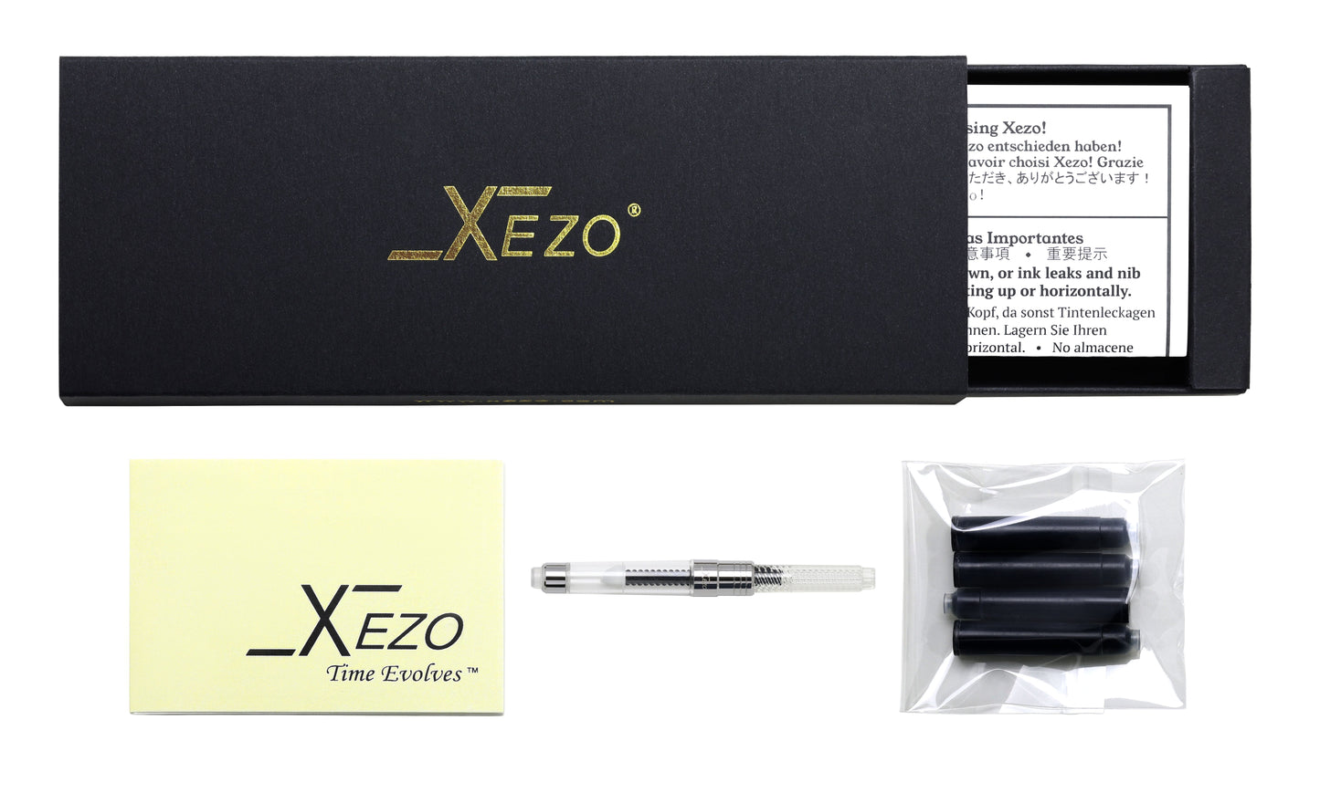 Xezo - Black gift box, certificate, manual, ink converter, and four ink cartridges