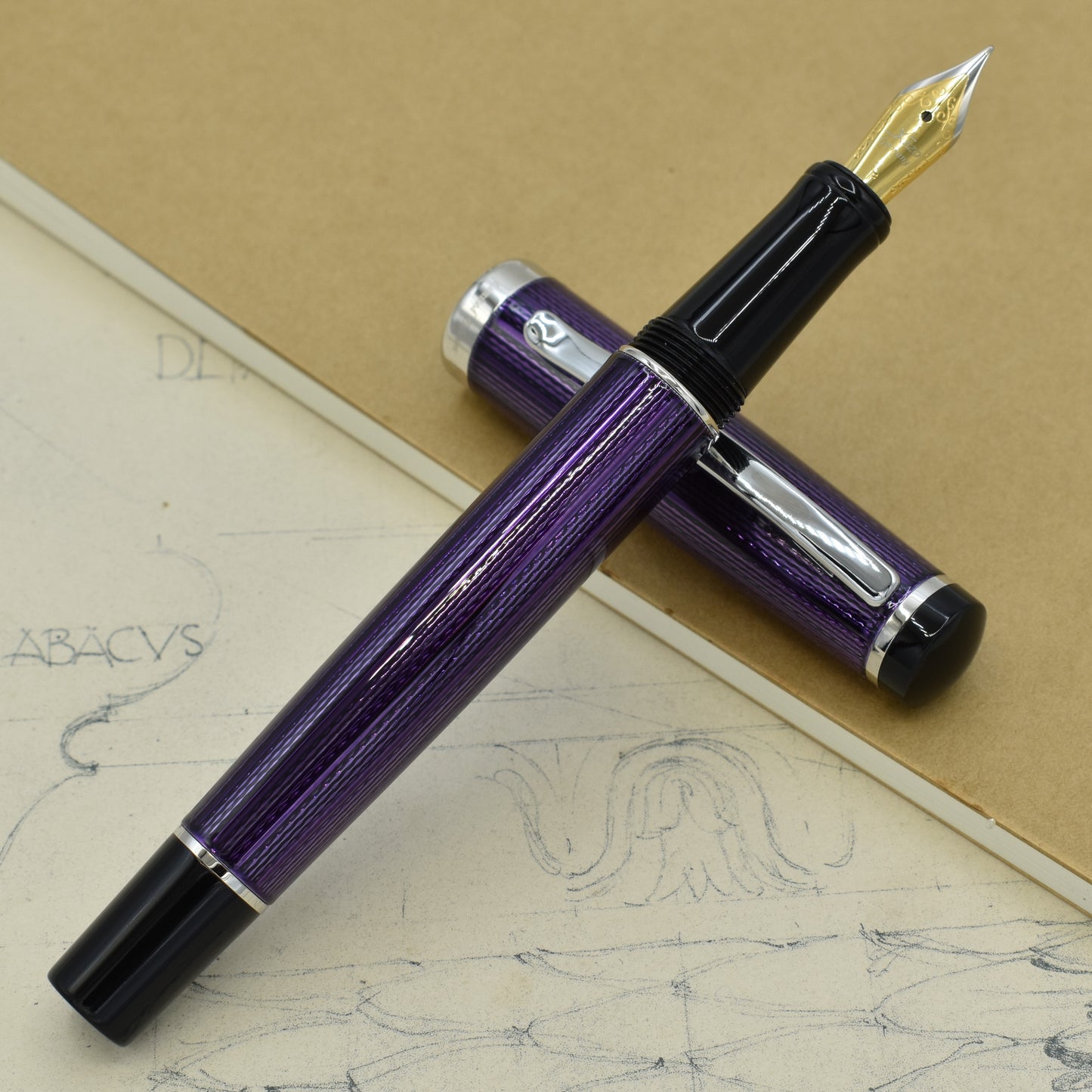 Incognito Purple F Fountain pen with antique architectural sketches and a notebook