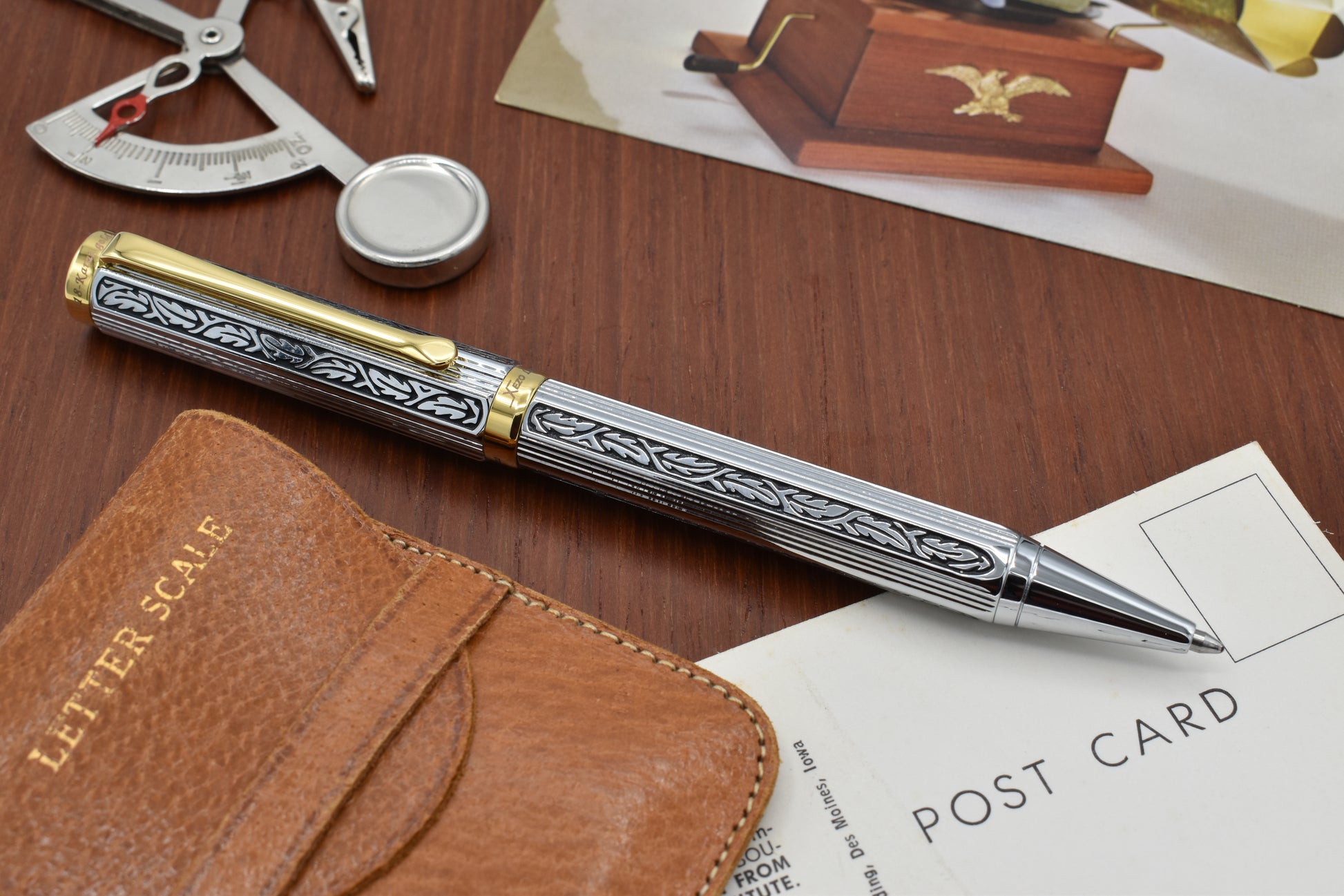 Legionnaire 500 B Ballpoint pen with vintage letter scale and post cards