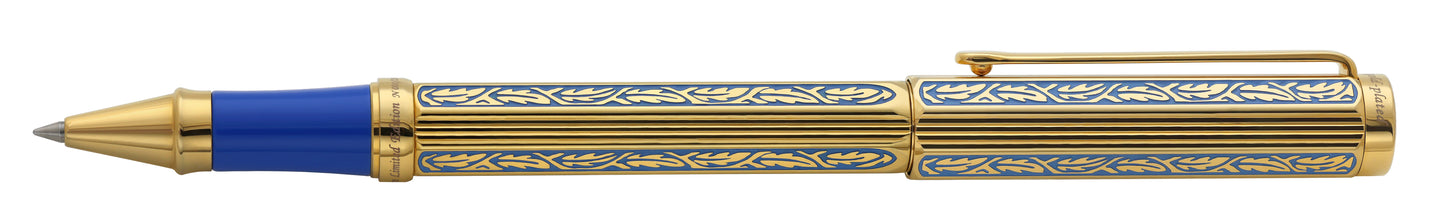 Legionnaire Diamond-Cut 18K Gold-Layered Rollerball Pen – Finely Hand-Etched Egyptian Blue Lacquer, 0.6 mm Fine Point