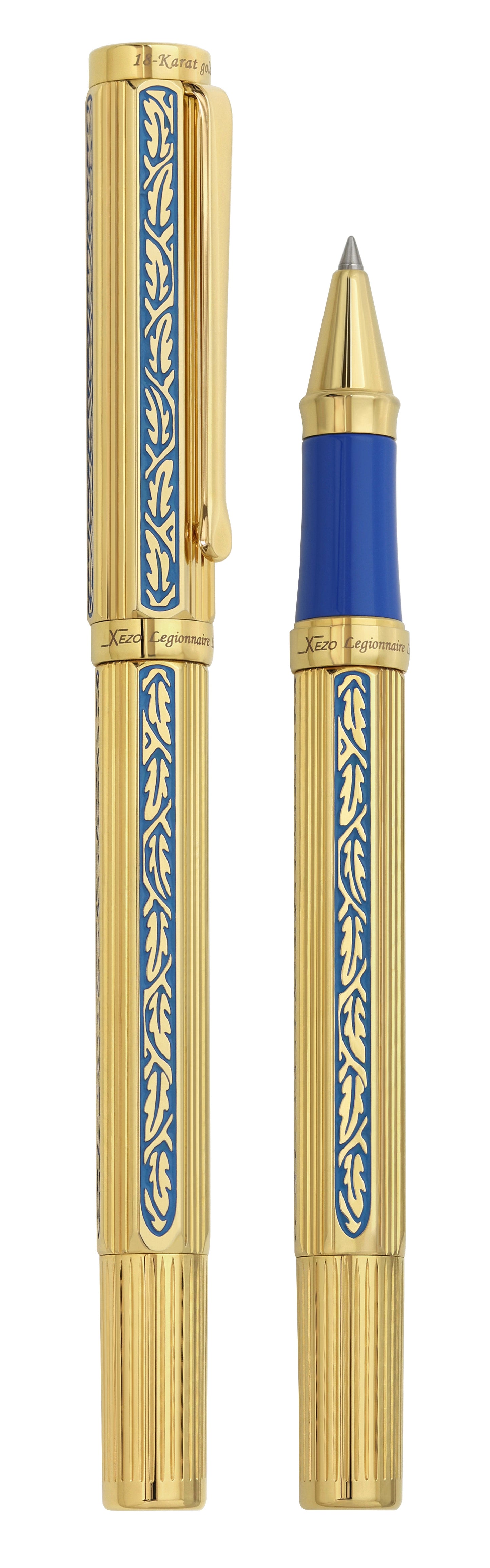 Legionnaire Diamond-Cut 18K Gold-Layered Rollerball Pen – Finely Hand-Etched Egyptian Blue Lacquer, 0.6 mm Fine Point