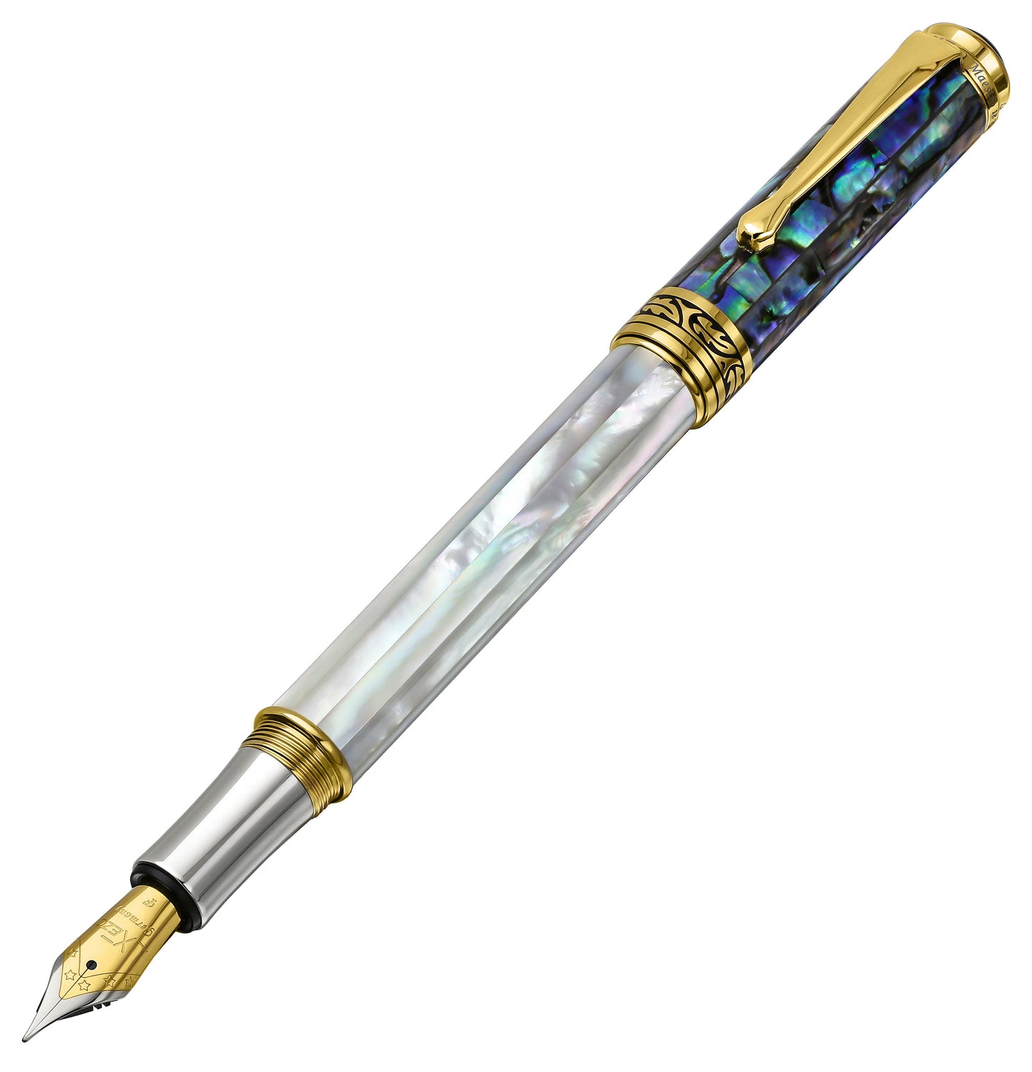 Xezo - Angled 3D view of the front of the Maestro MOP Sea Shell F Fountain pen