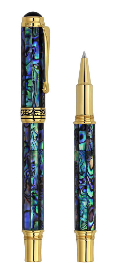 Xezo - Vertical view of two Maestro Sea Shell RPG-1A Rollerball pens; the one on the left is capped, and the one on the right is uncapped