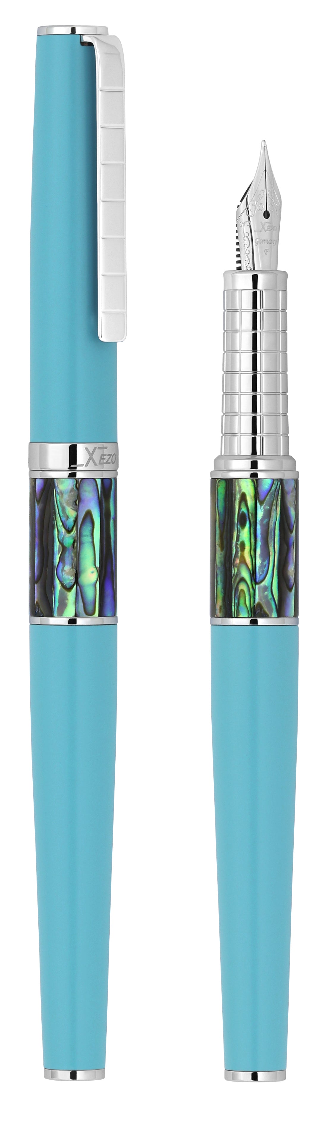 Xezo - Vertical view of two Speed Master Sky Blue F-AC Fountain pens; the one on the left is capped, and the one on the right is uncapped