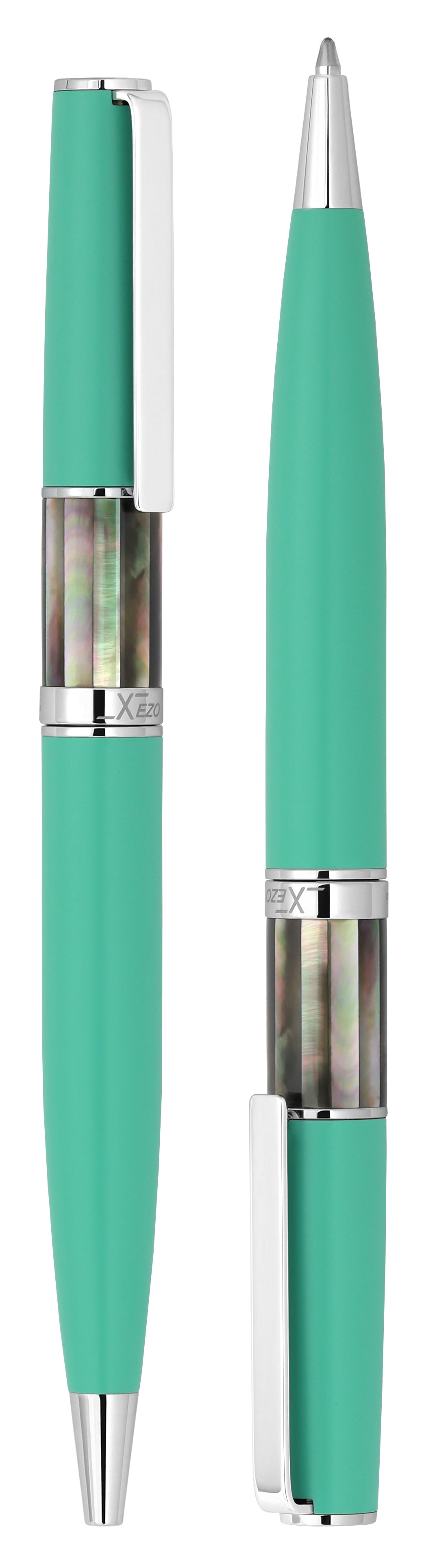 Xezo - Vertical view of two Speed Master Aqua Green B-BC Ballpoint pens; the one on the left has the point in, and the one on the right has the point out