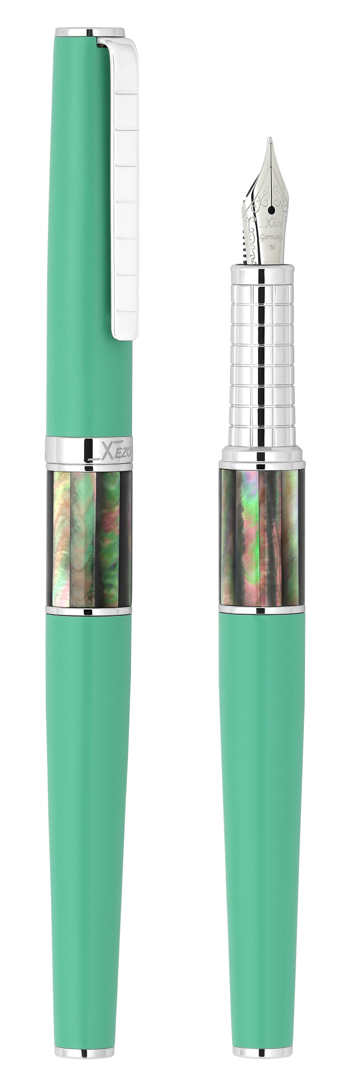 Xezo - Vertical view of two Speed Master Aqua Green FM-BC Fountain pens; the one on the left is capped, and the one on the right is uncapped