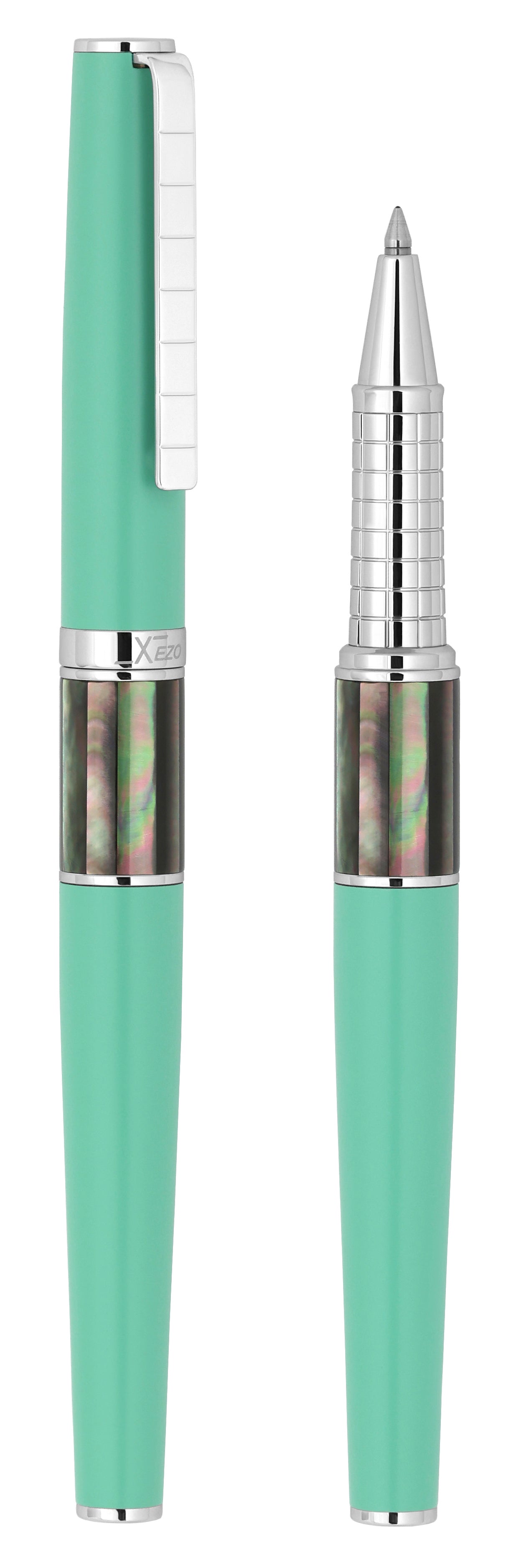 Xezo - Vertical view of two Speed Master Aqua Green R-BC Rollerball pens; the one on the left is capped, and the one on the right is uncapped