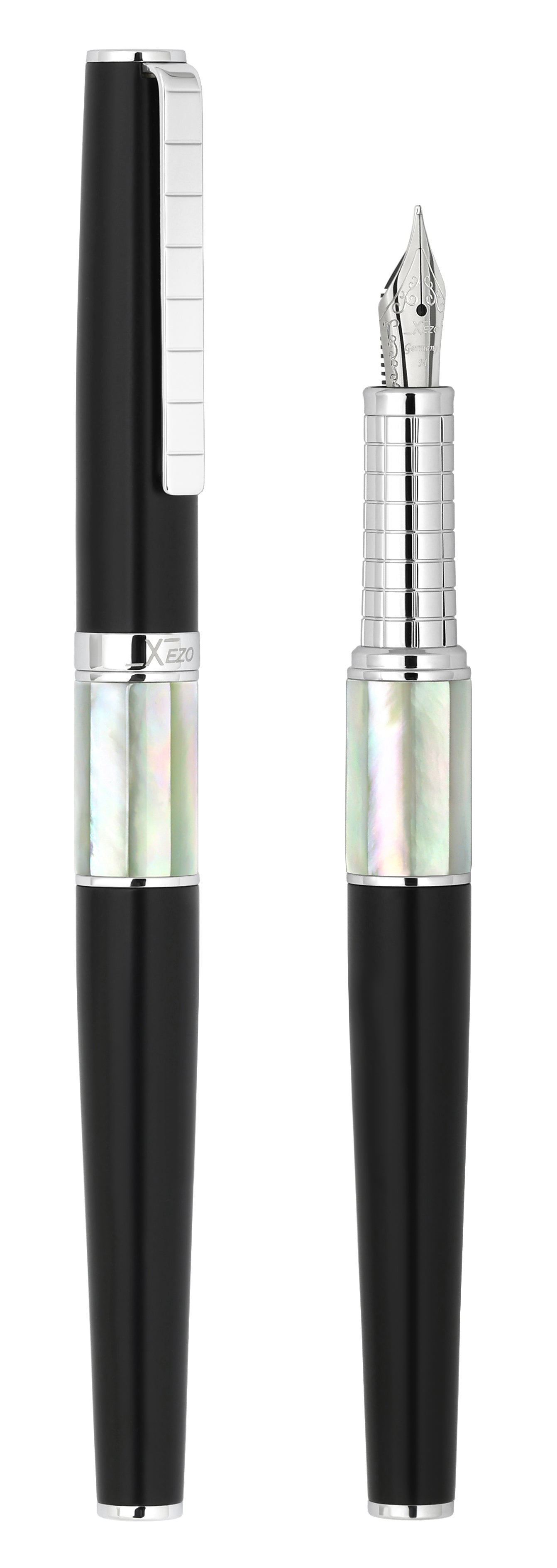 Xezo - Vertical view of two Speed Master Black FM-WC Fountain pens; the one on the left is capped, and the one on the right is uncapped