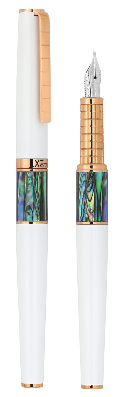 Xezo - Vertical view of two Speed Master White FM-ARG Fountain pens; the one on the left is capped, and the one on the right is uncapped