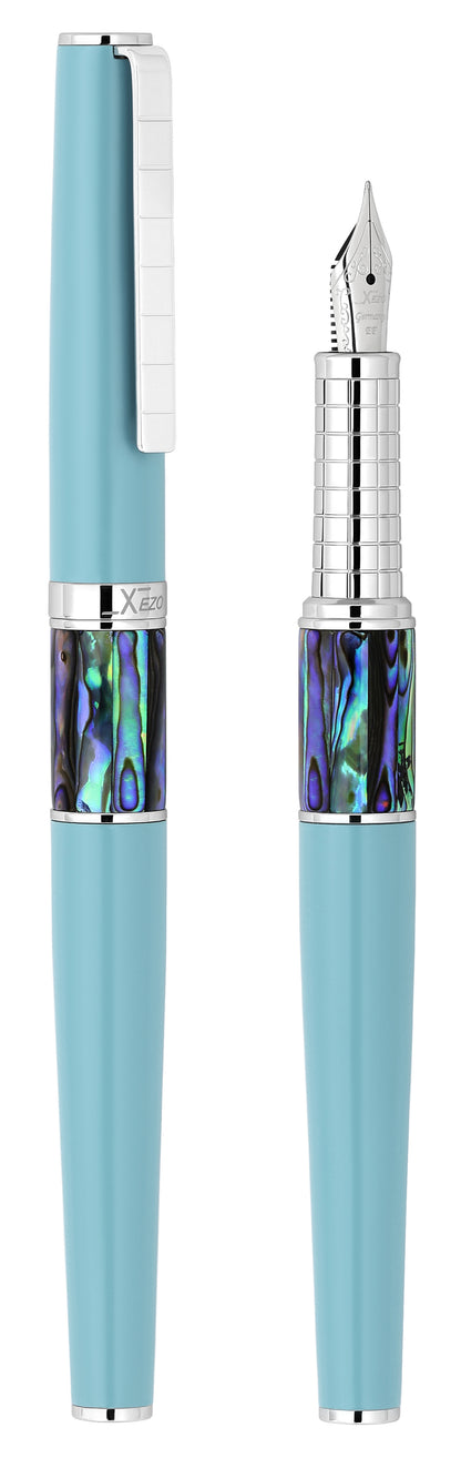 Xezo - Vertical view of two Speed Master Sky Blue EF-AC Fountain pens; the one on the left is capped, and the one on the right is uncapped