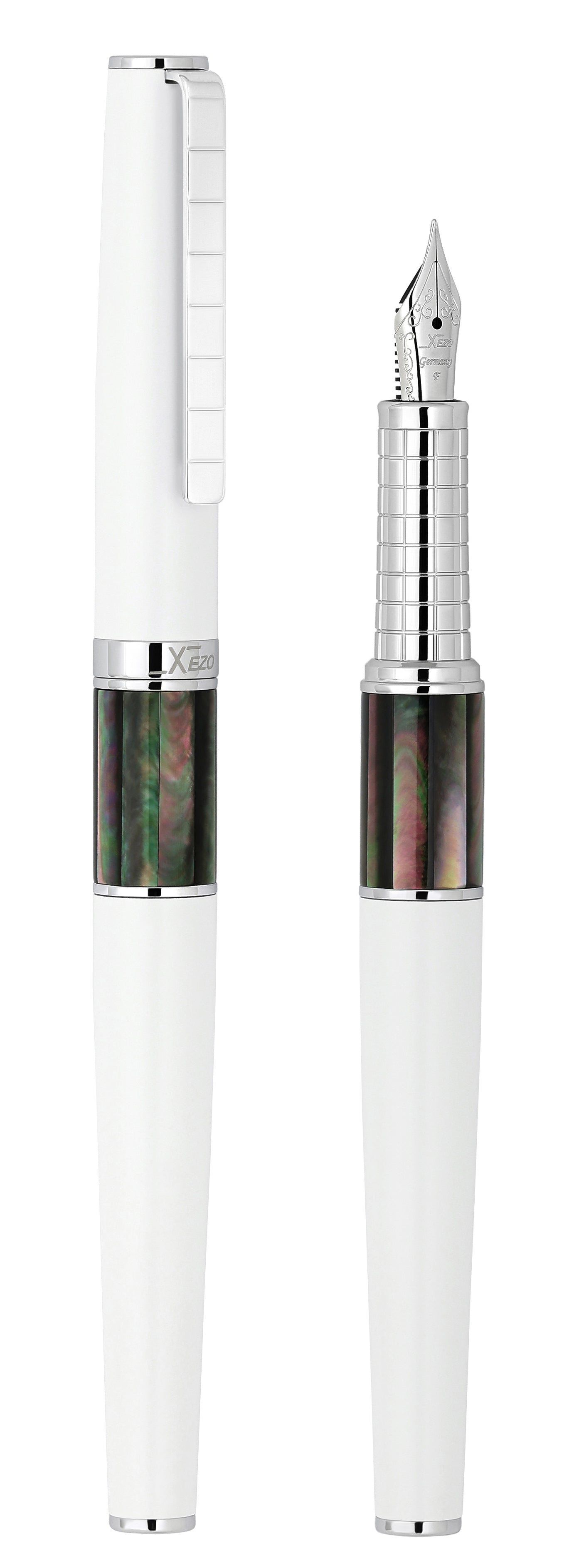 Xezo - Vertical view of two Speed Master White F-BC Fountain pens; the one on the left is capped, and the one on the right is uncapped