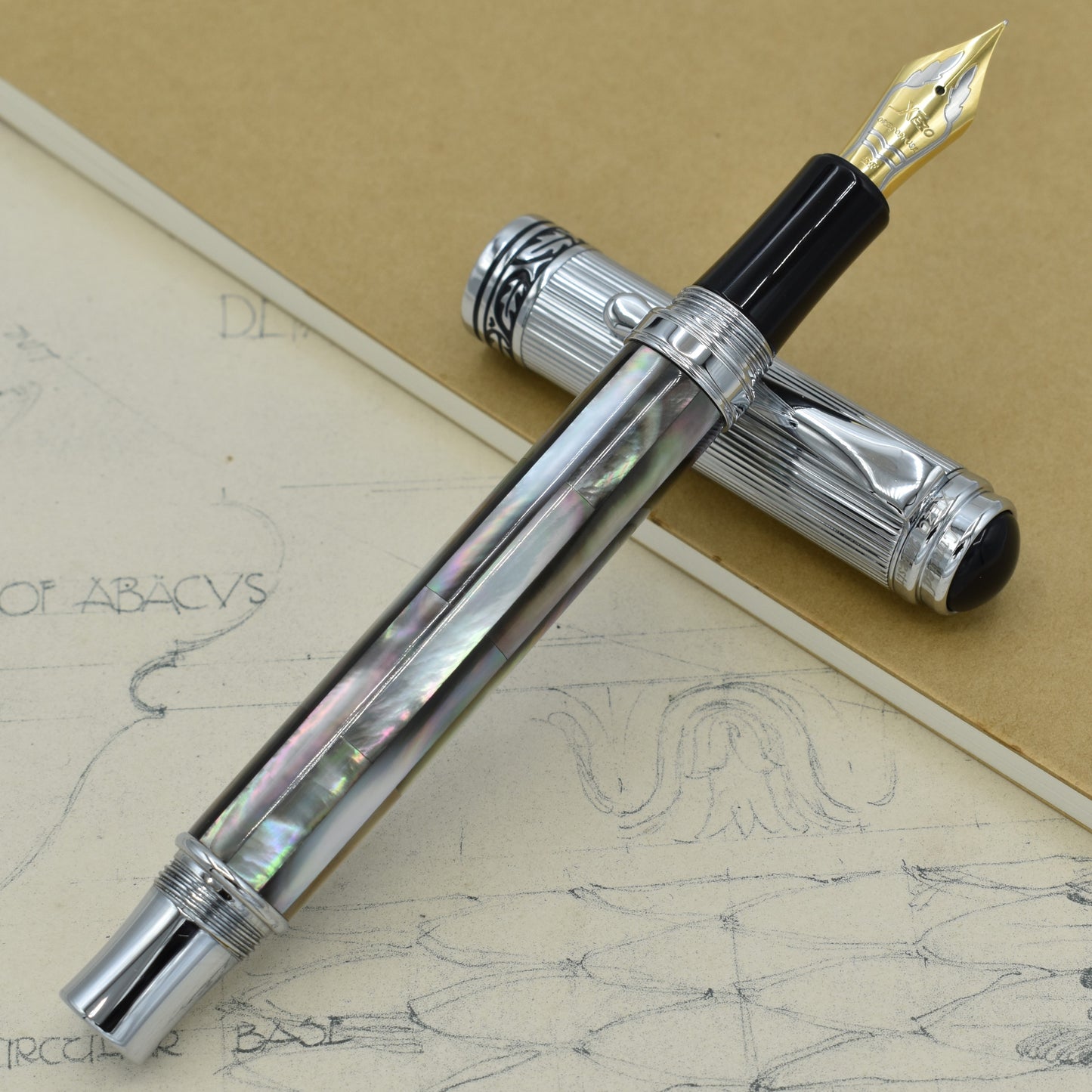 Maestro Black MOP Chrome EF Fountain pen with antique architectural sketches and a notebook
