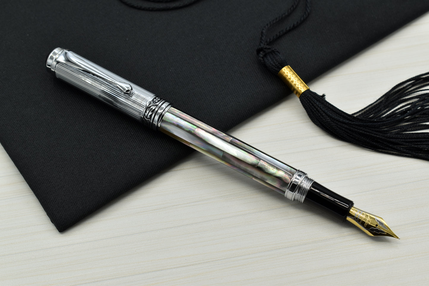 Maestro Black MOP Chrome EF Fountain pen with a graduation cap