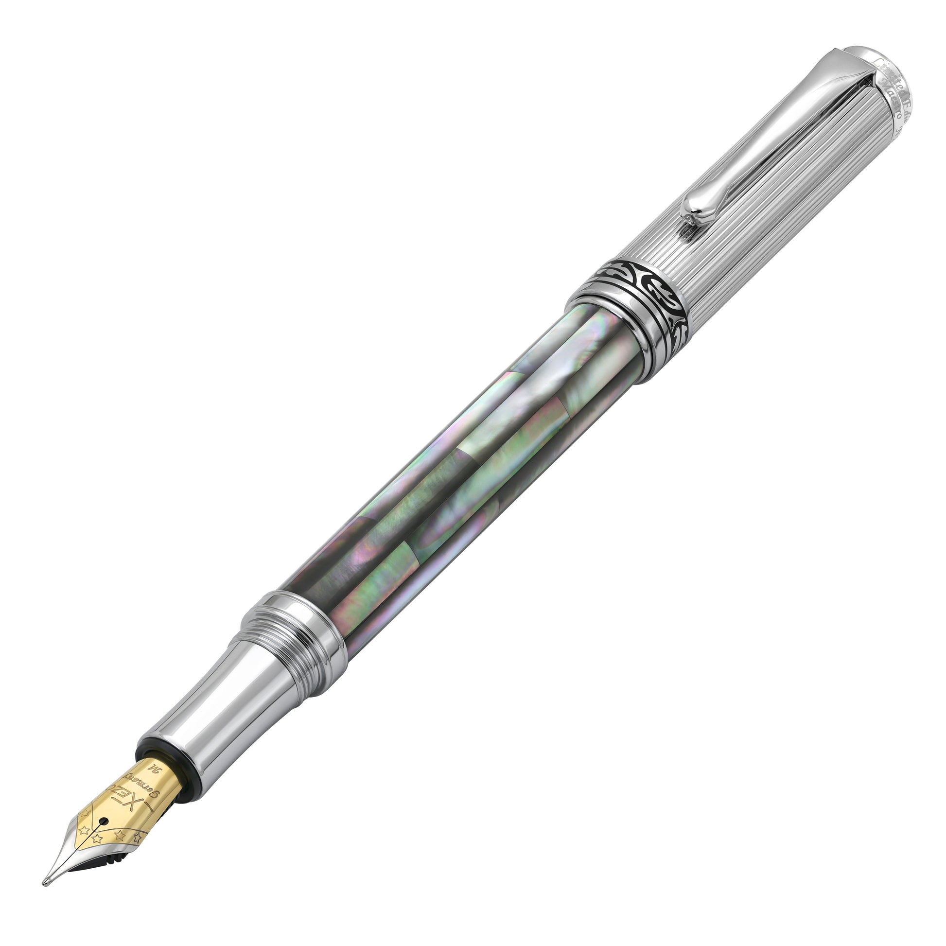 Xezo - Angled 3D view of the front of the Maestro Black MOP Chrome FM Fountain pen