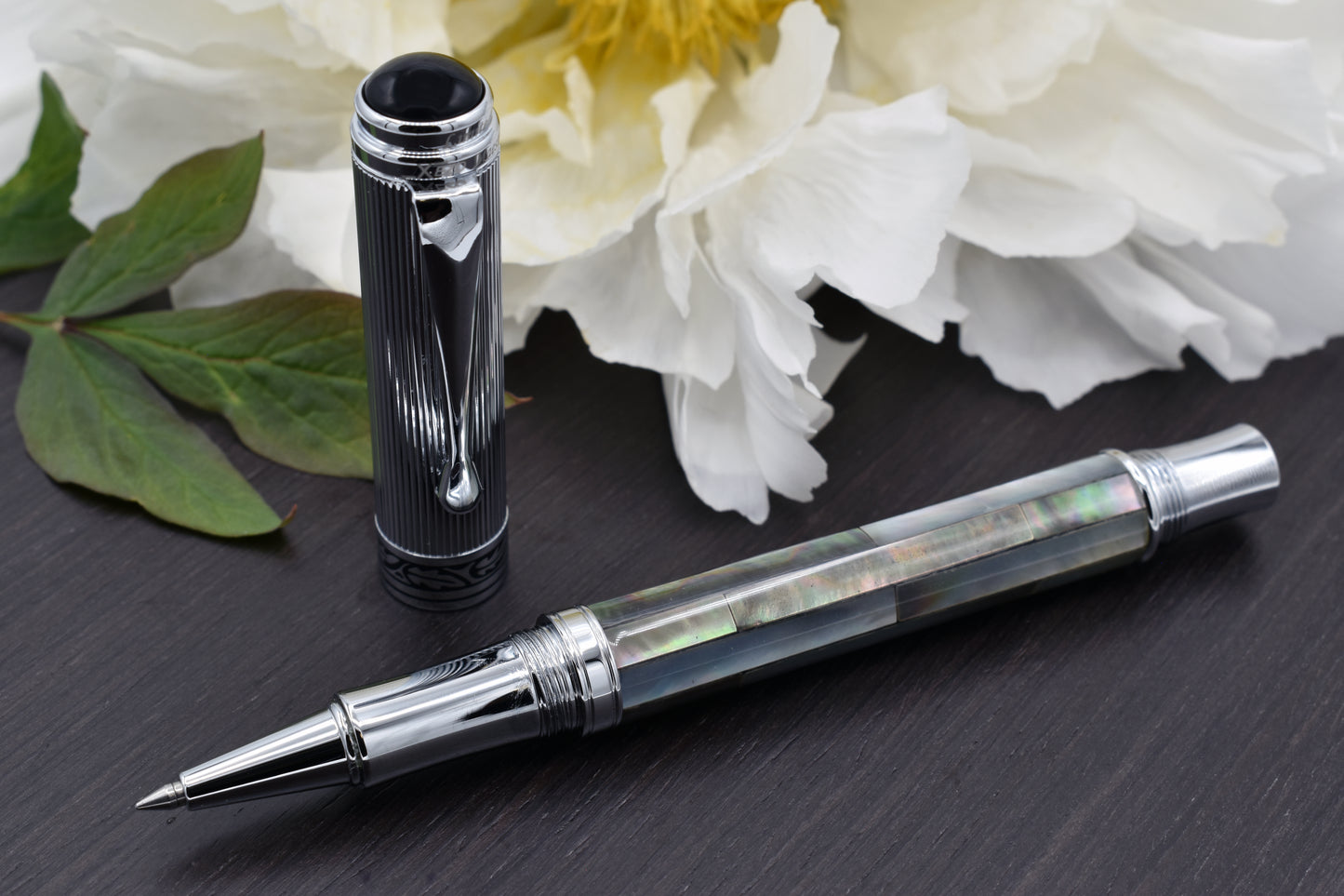 Maestro Black MOP Chrome R Rollerball pen with a peony flower