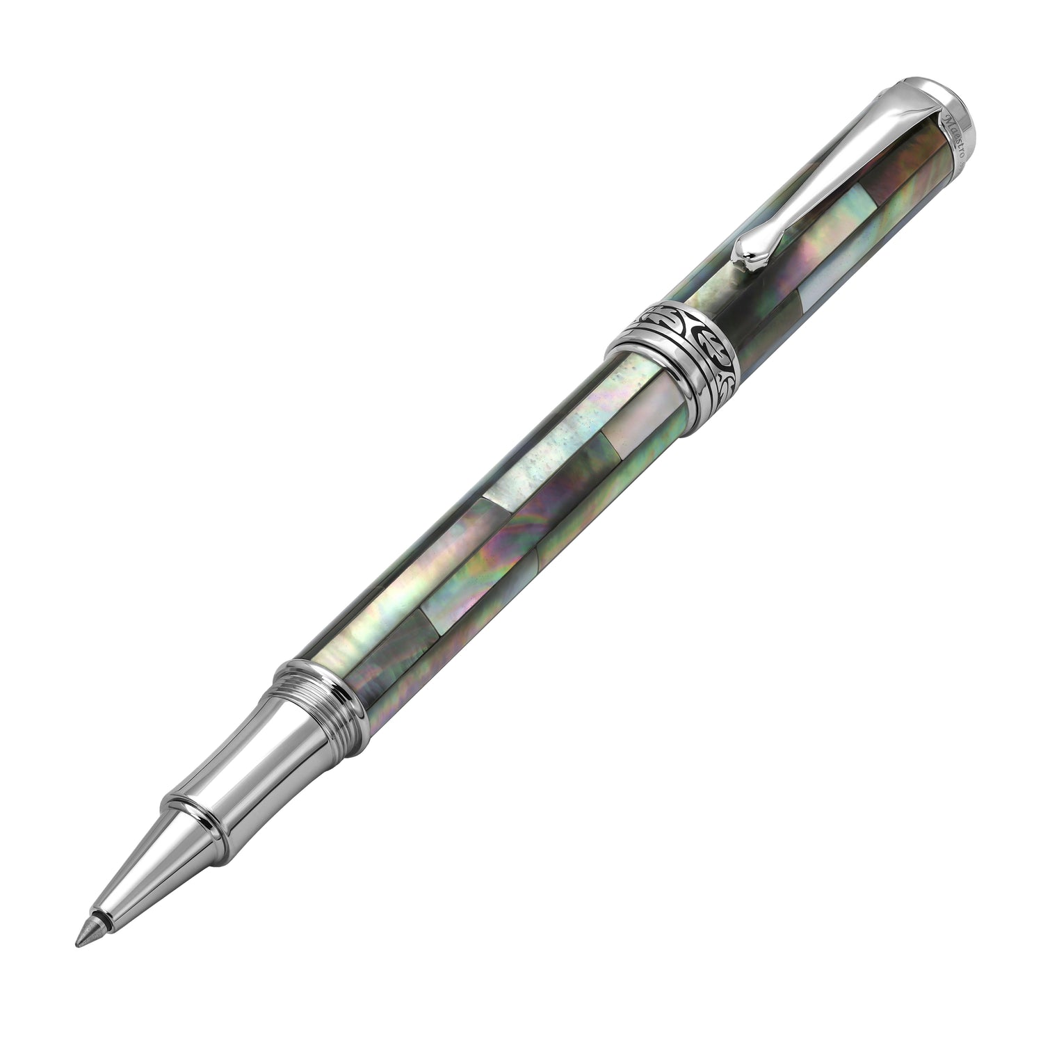 Xezo - Angled 3D view of the front of the Maestro Black Mother of Pearl RBP-2 Rollerball pen