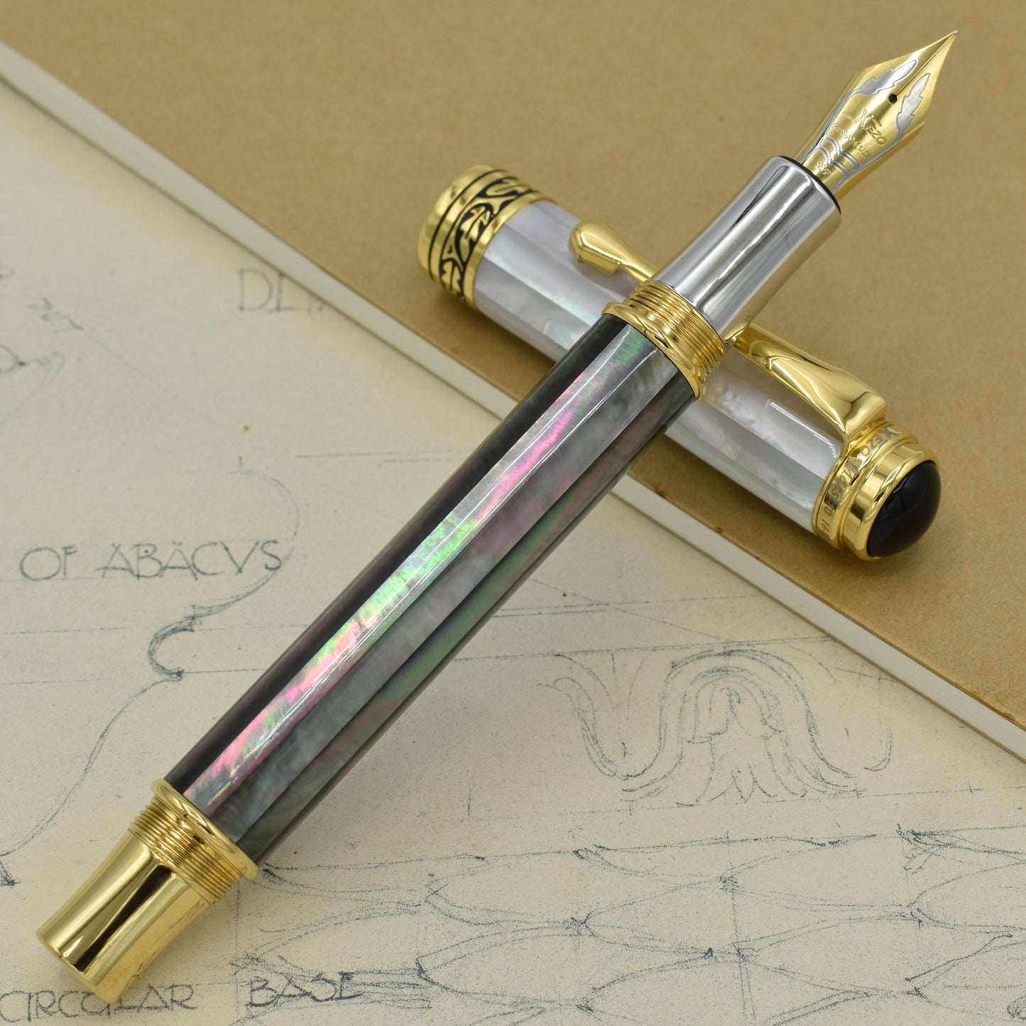 Maestro Black and White MOP EFG Fountain pen with antique architectural sketches and a notebook