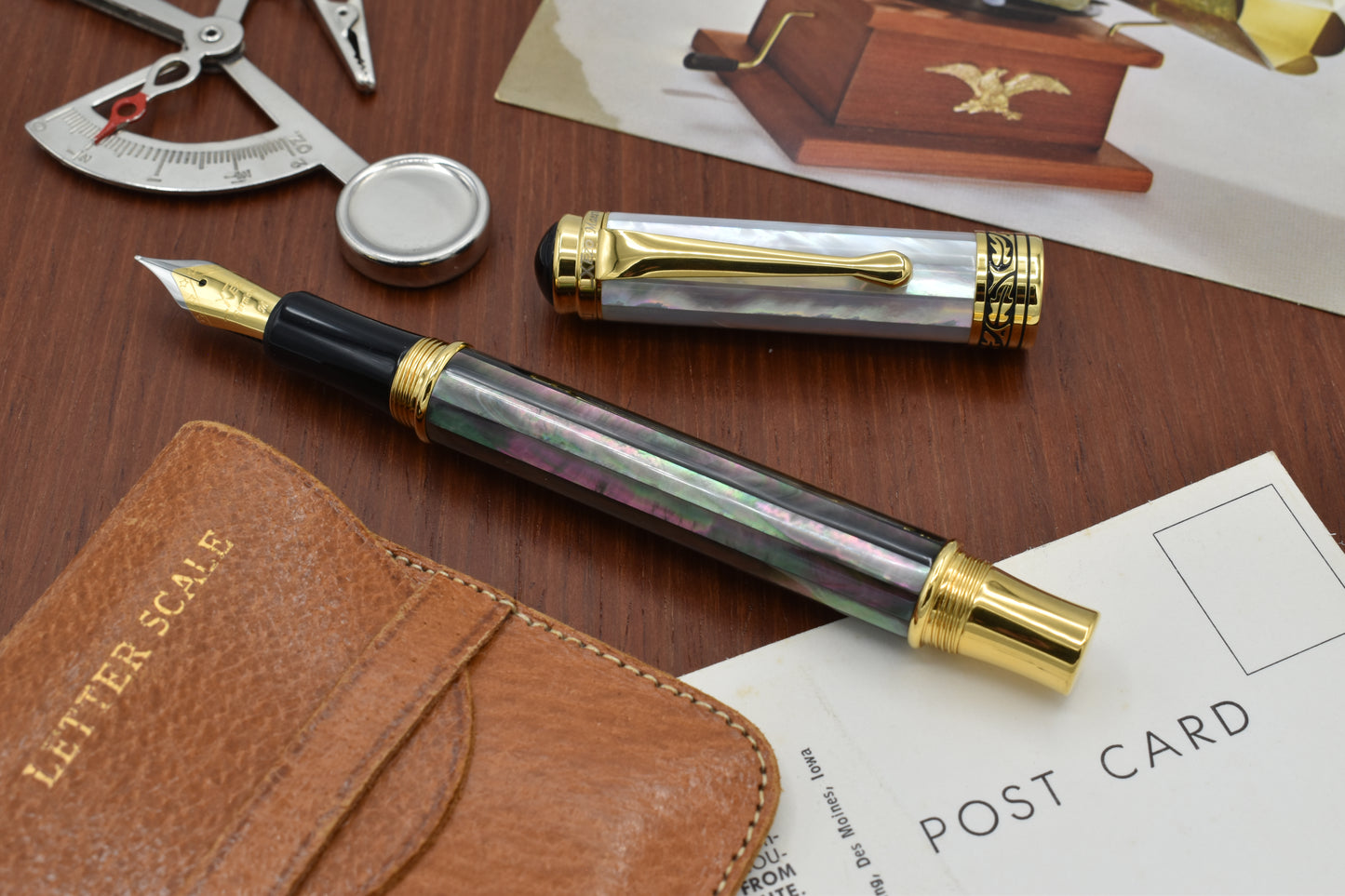 Maestro Black and White MOP FMG Fountain pen with vintage letter scale and post cards