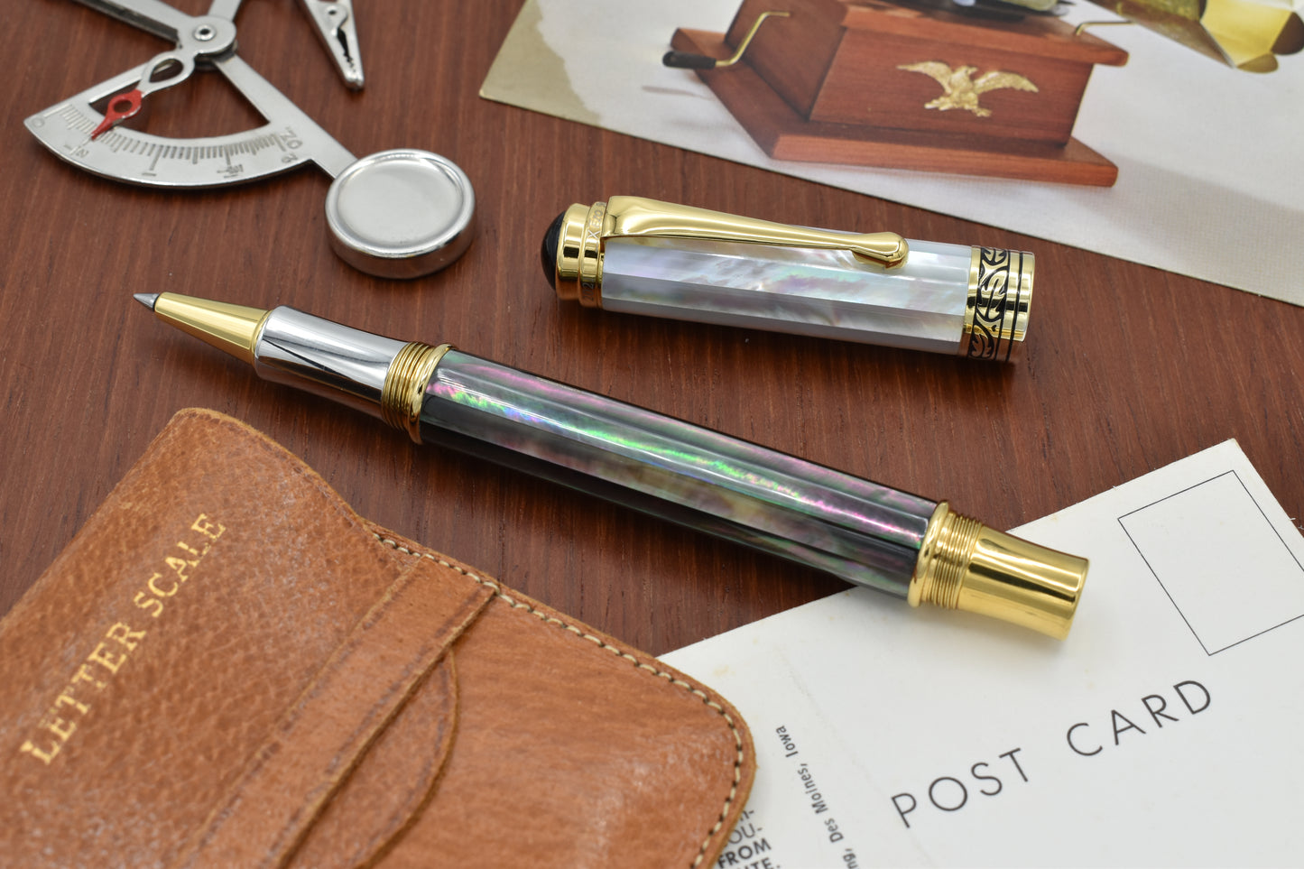 Maestro Black and White MOP RG Rollerball pen with vintage letter scale and post cards