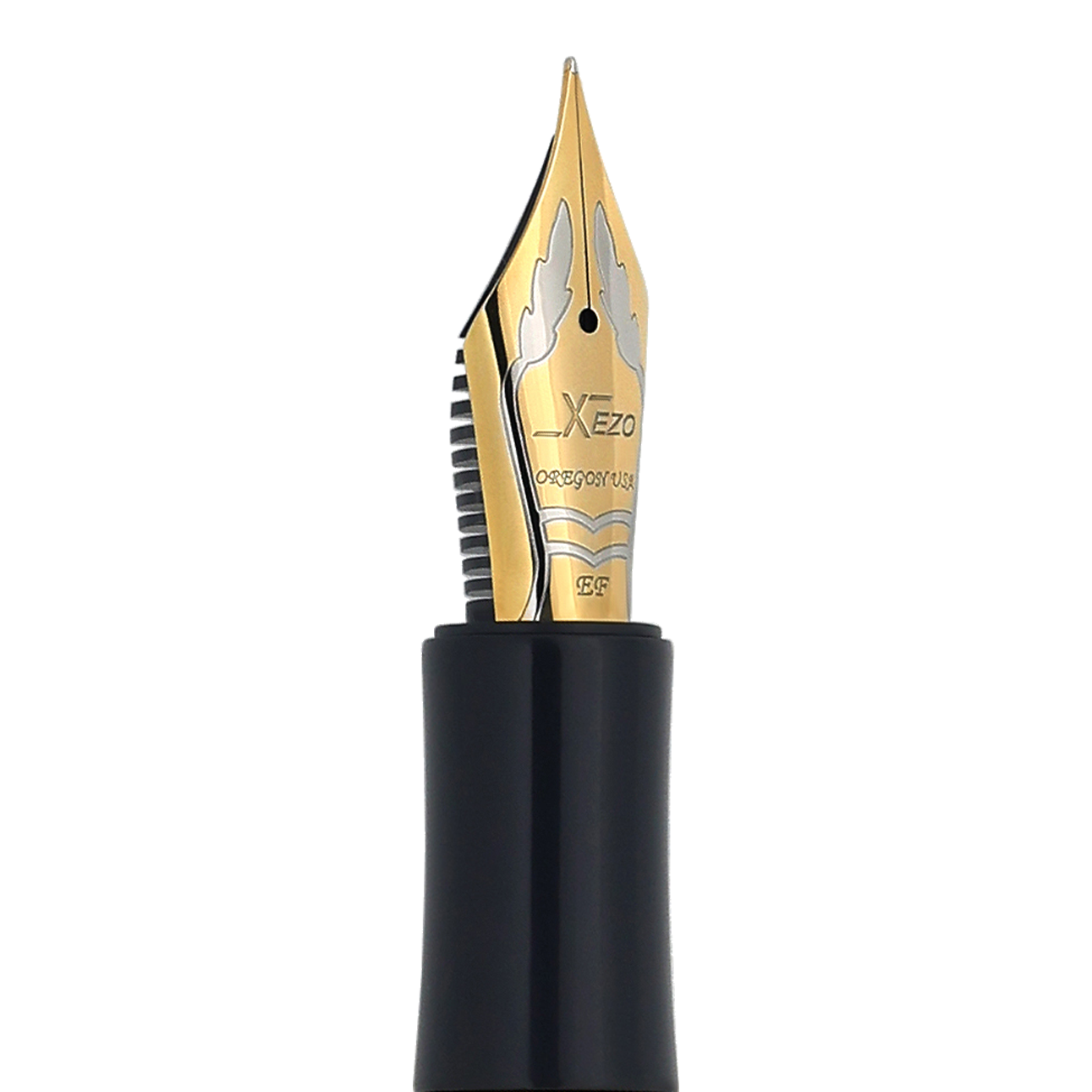 Close up of Two-tone stainless steel extra-fine point nib with etched leaf pattern