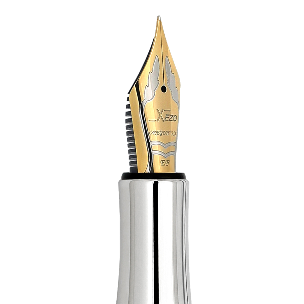 Close up of Two-tone stainless steel extra-fine point nib with etched leaf pattern and platinum-plated grip