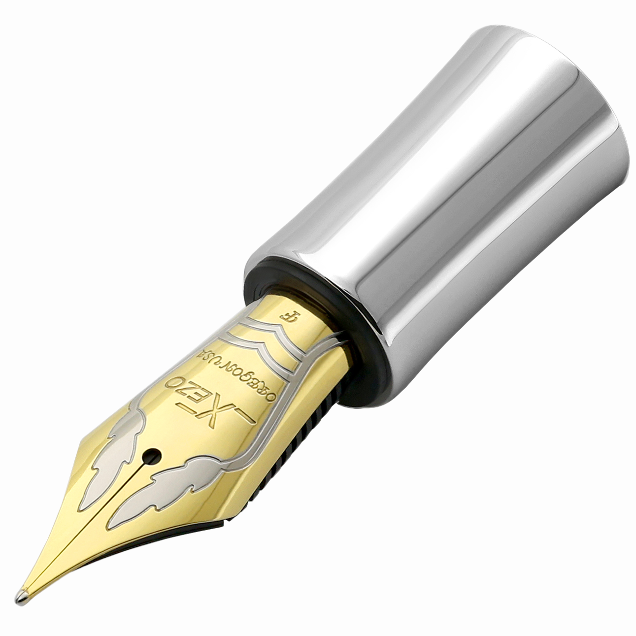 Xezo - angled 3D view of the Medium-Fine (0.45 mm Writing Stroke) Fountain Nib - Finely Etched Leaf Pattern - Black Grip for Select Maestro®, Maestro® 925 and Maestro® Jubilee Classic of the Ocean Pens