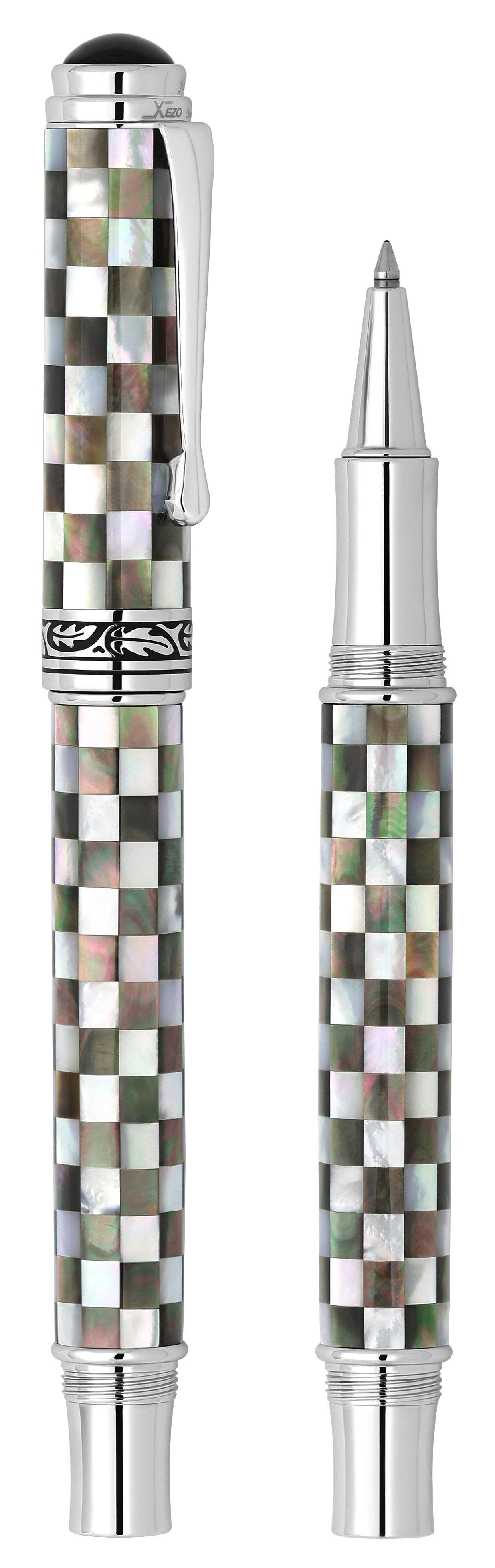 Xezo - Vertical view of two Maestro Jubilee Classic Of The Ocean Rollerball pens; the one on the left is capped, and the one on the right is uncapped