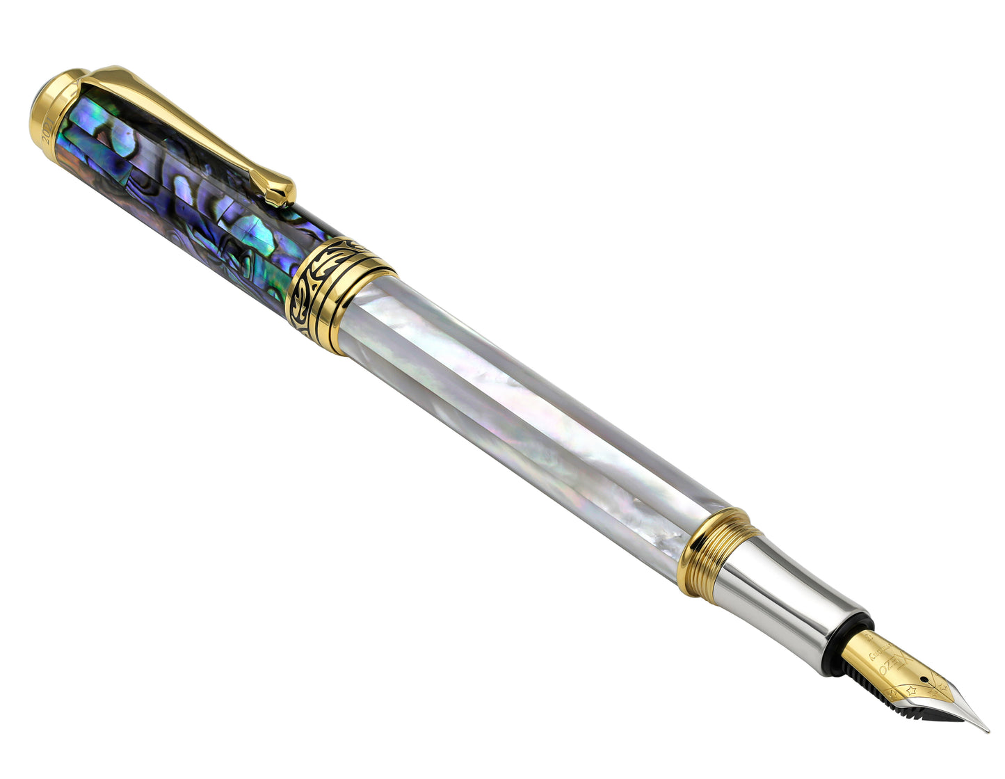 Xezo - Angled 3D view of the front of the Maestro MOP Sea Shell F Fountain pen