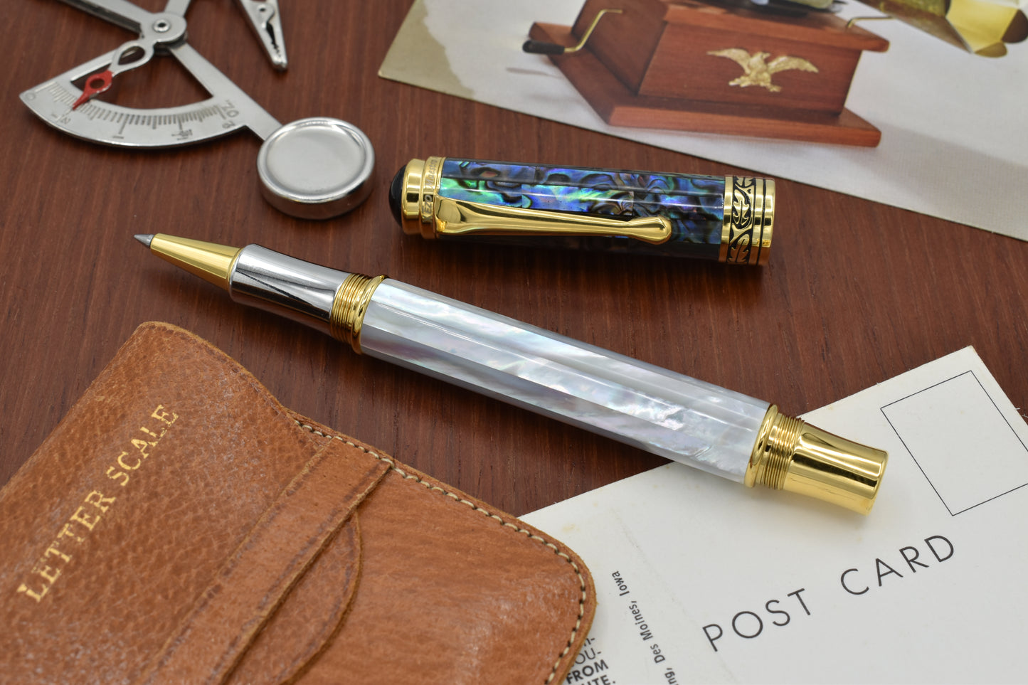 Maestro MOP Sea Shell R Rollerball pen with vintage letter scale and post cards