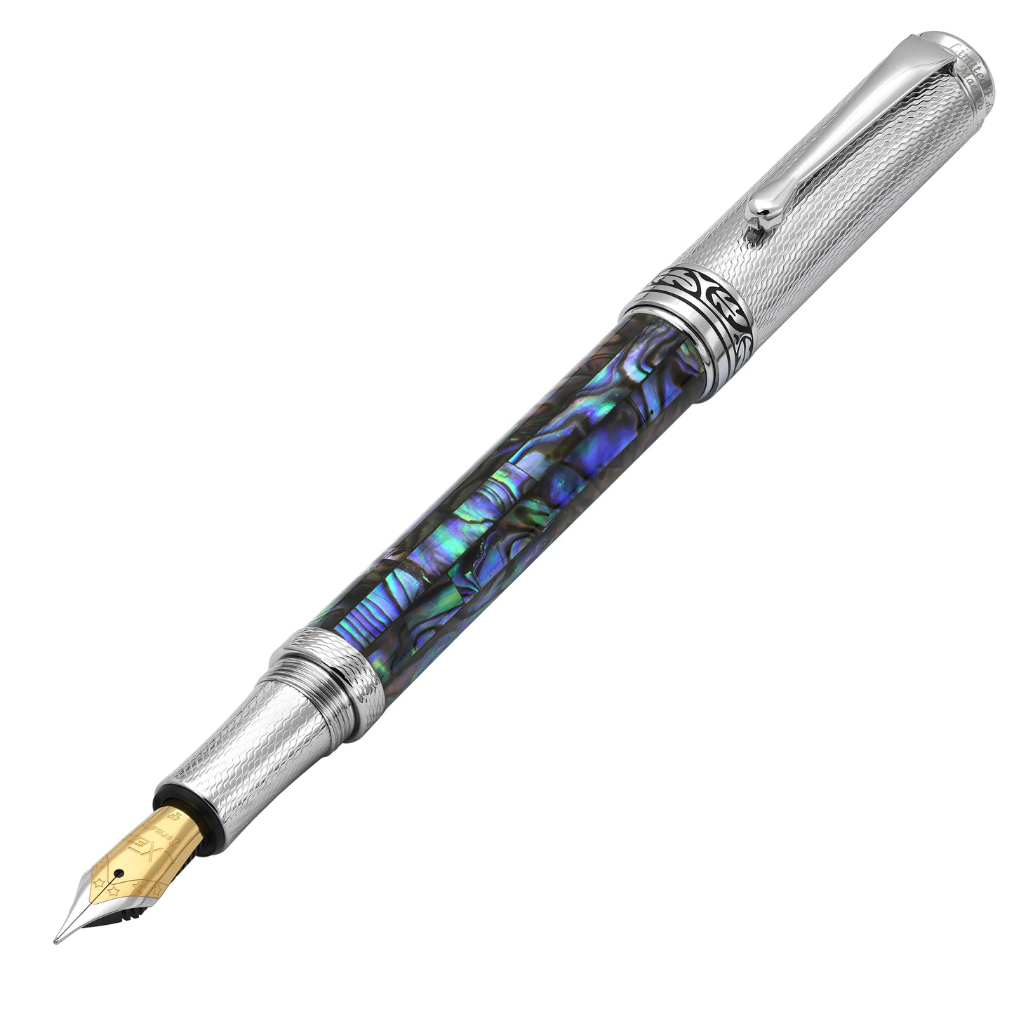 Xezo - Angled front view of the Maestro Paua Abalone Chrome F fountain pen (facing left), with the cap posted on the end of the barrel