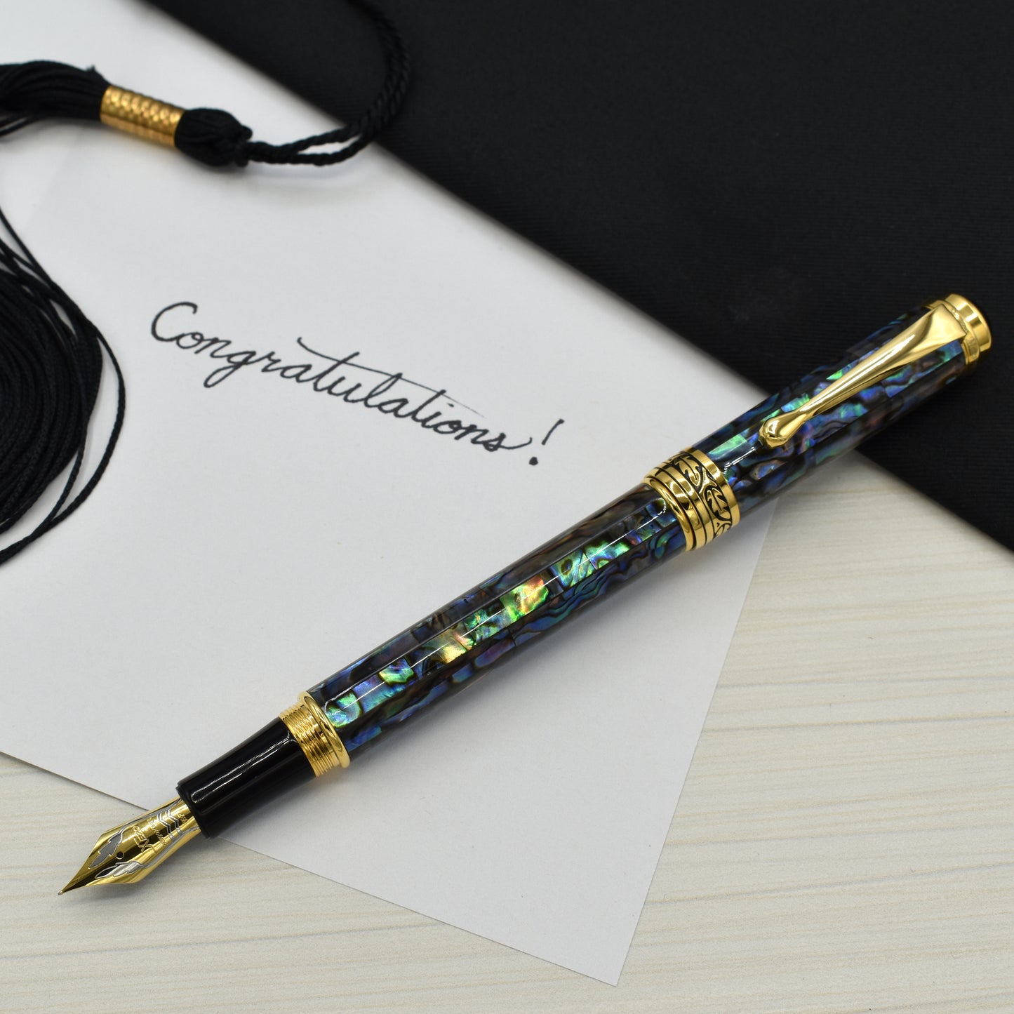 Maestro Sea Shell EFG Fountain pen with a graduation and a note that reads "Congratulations!"