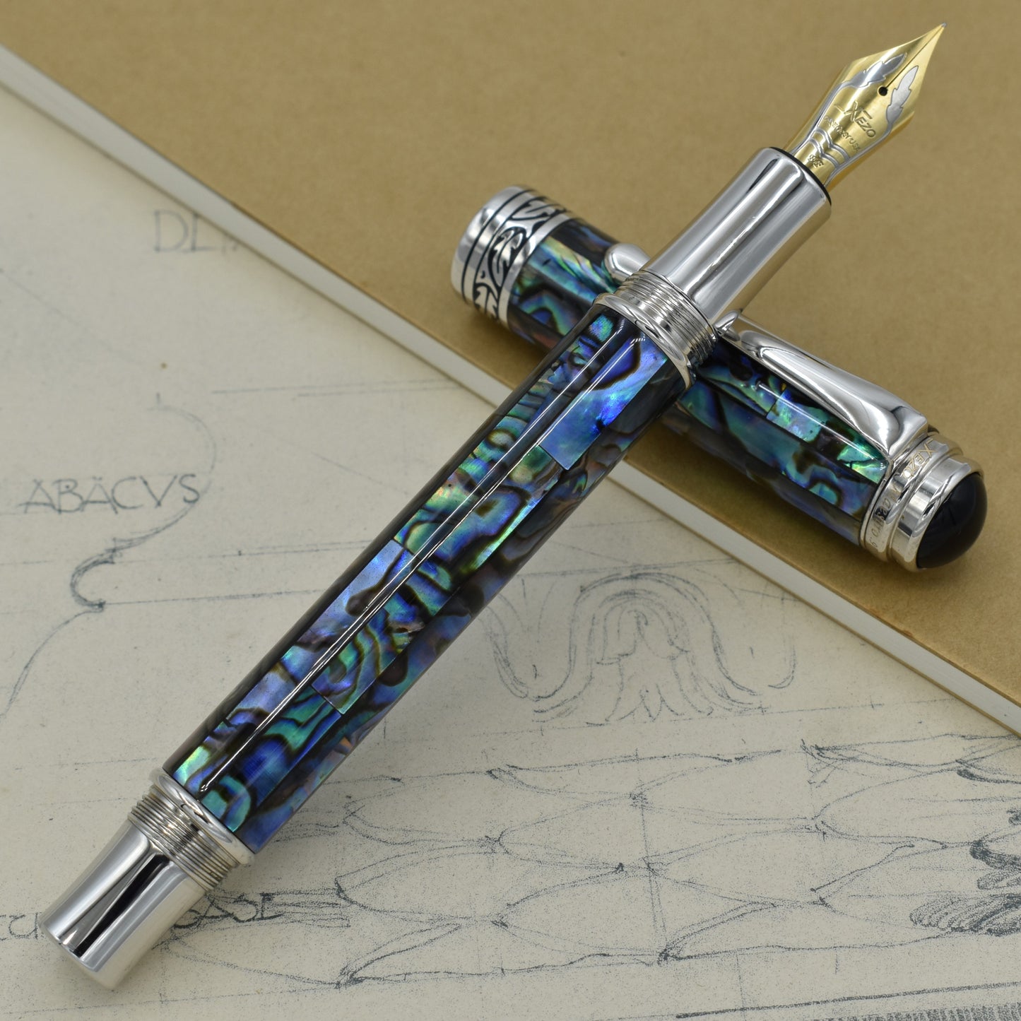 Maestro Sea Shell FP-EF2 Fountain pen with antique architectural sketches and a notebook