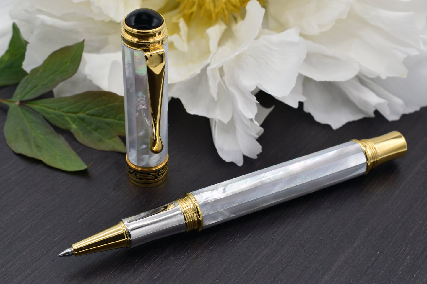 Maestro White MOP R Rollerball pen with a peony flower