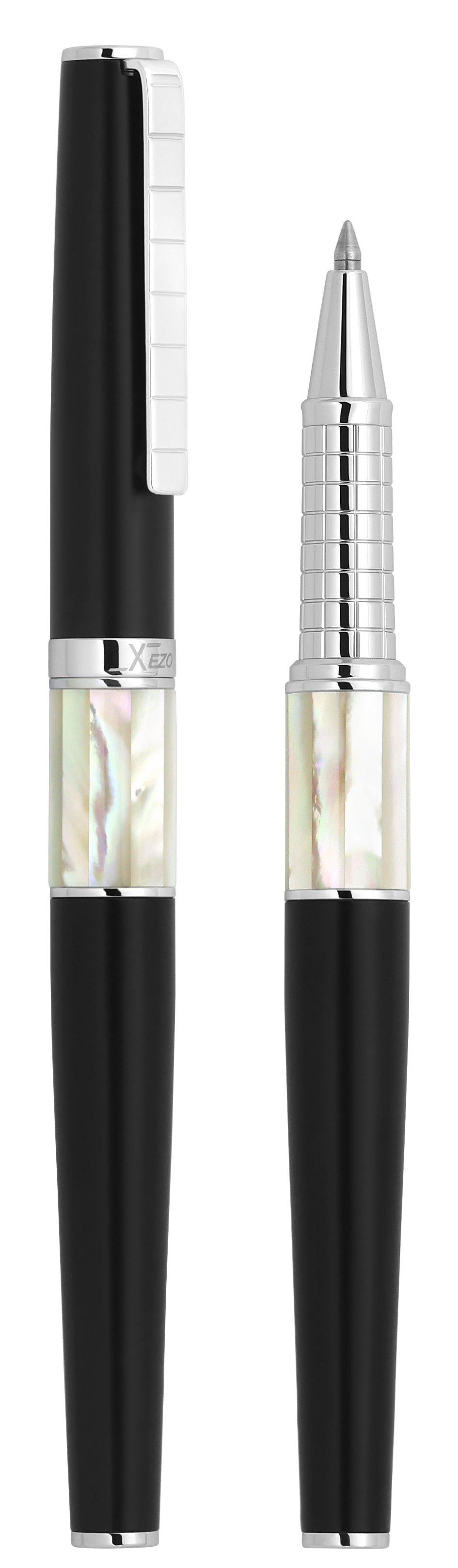 Xezo - Vertical view of two Speed Master Black R-WC Rollerball pens; the one on the left is capped, and the one on the right is uncapped