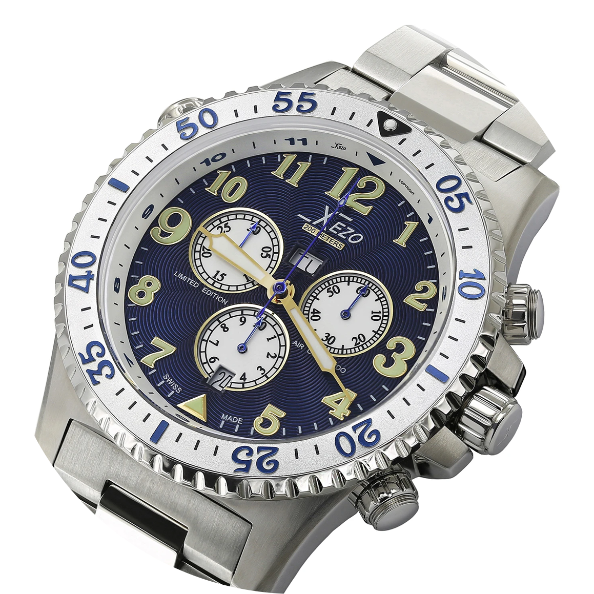A closeup of a Xezo wristwatch
