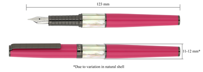 Xezo - Vertical view of two Speed Master Cerise F-WGM Fountain pens; the one on the left is capped, and the one on the right is uncapped; Length is labeled 123 mm, width is labeled 11-12mm (Due to variation in natural shell)