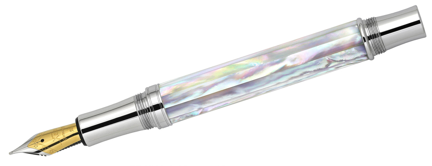 Angled 3D view of the front of the Maestro White MOP PVD B ballpoint pen without a cap