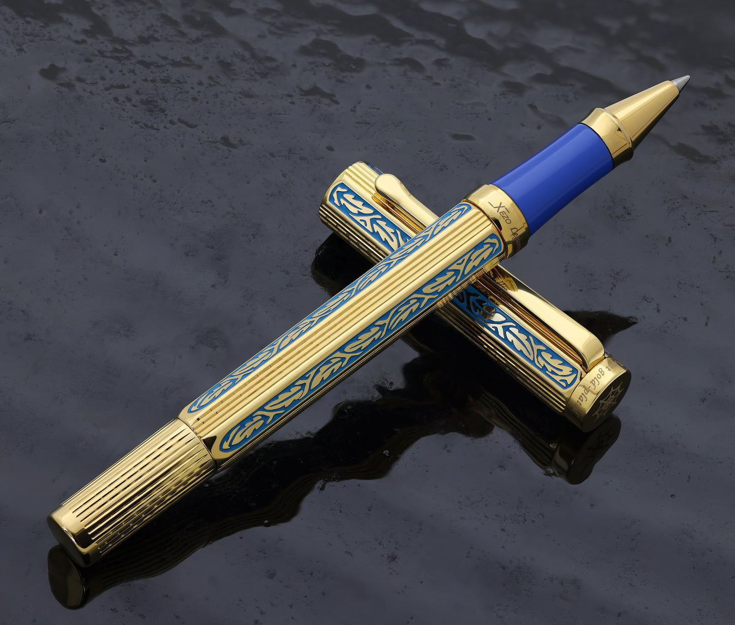 Legionnaire Diamond-Cut 18K Gold-Layered Rollerball Pen – Finely Hand-Etched Egyptian Blue Lacquer, 0.6 mm Fine Point