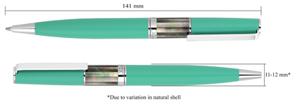 Xezo - Vertical view of two Speed Master Aqua Green B-BC Ballpoint pens; the one on the left has the point in, and the one on the right has the point out; Length is labeled 141 mm, width is labeled 11-12mm (Due to variation in natural shell)