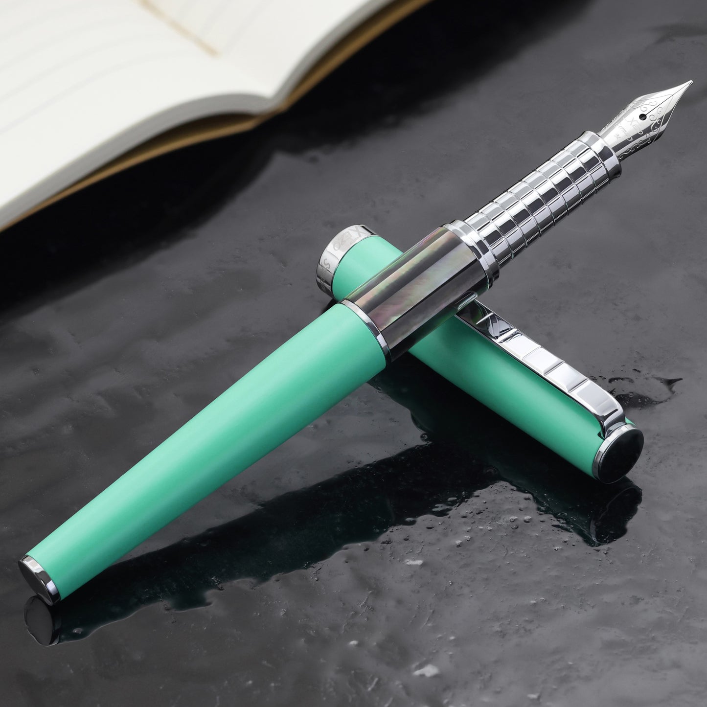 Speed Master Aqua Green FM-BC Fountain pen with a book