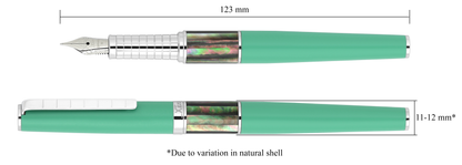Xezo - Vertical view of two Speed Master Aqua Green FM-BC Fountain pens; the one on the left is capped, and the one on the right is uncapped; Length is labeled 123 mm, width is labeled 11-12mm (Due to variation in natural shell)