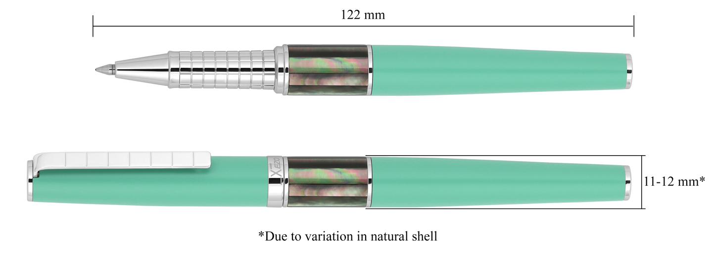 Xezo - Vertical view of two Speed Master Aqua Green R-BC Rollerball pens; the one on the left is capped, and the one on the right is uncapped; Length is labeled 122 mm, width is labeled 11-12mm (Due to variation in natural shell)
